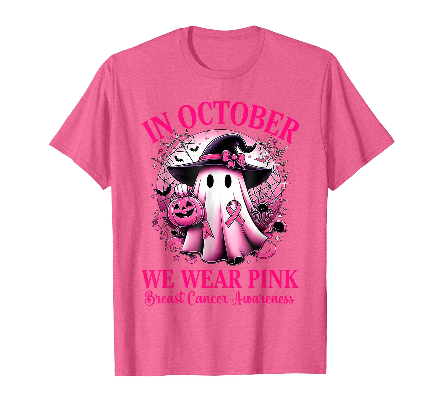 in October We Wear Pink Ghost Witch Breast Cancer Awareness T-Shirt