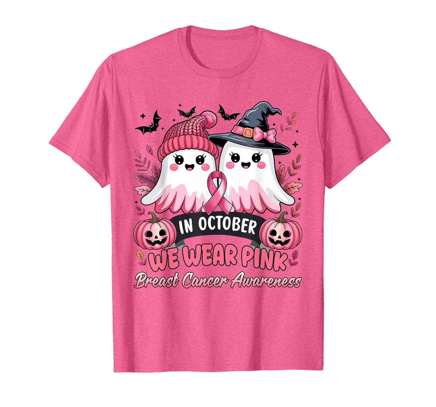in October We Wear Pink Ghost Witch Breast Cancer Awareness T-Shirt