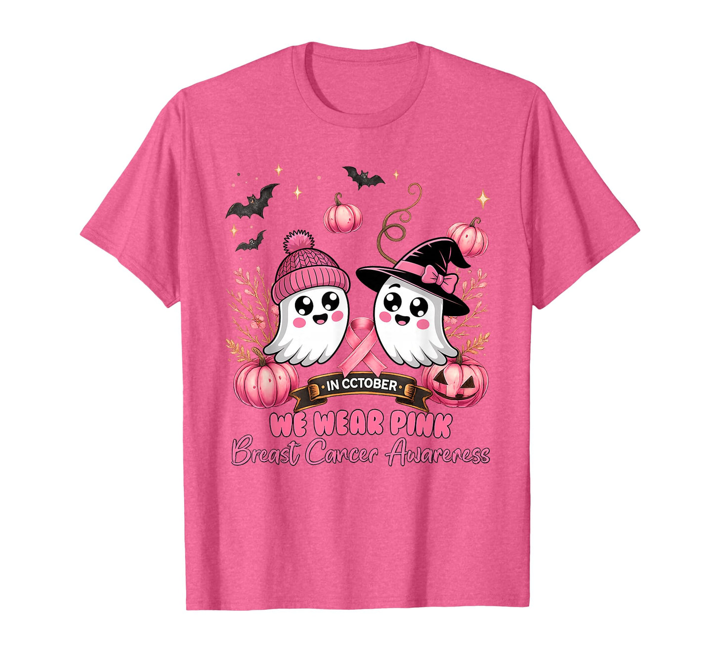 in October We Wear Pink Ghost Witch Breast Cancer Awareness T-Shirt
