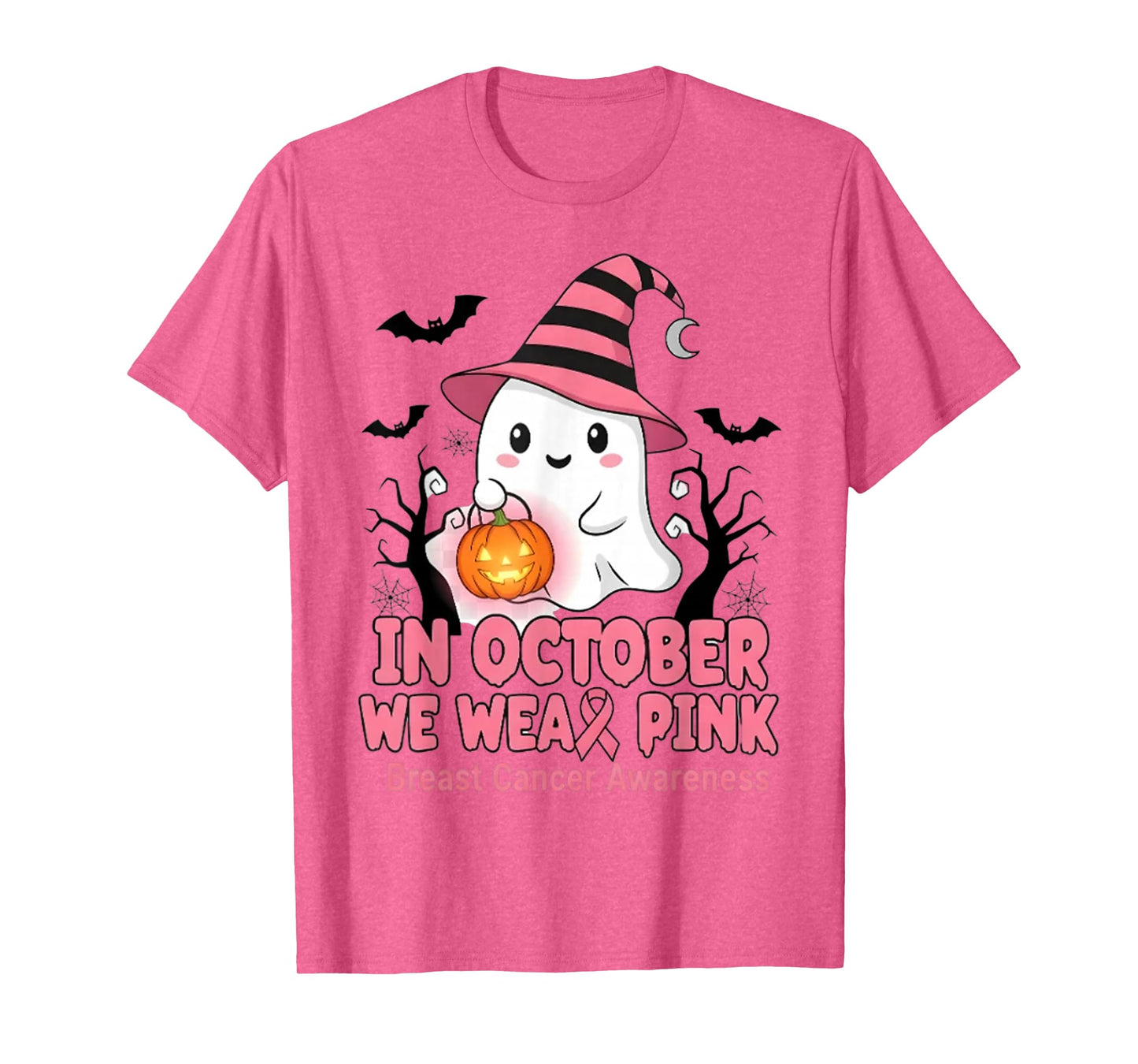 in October We Wear Pink Ghost Witch Breast Cancer Awareness T-Shirt