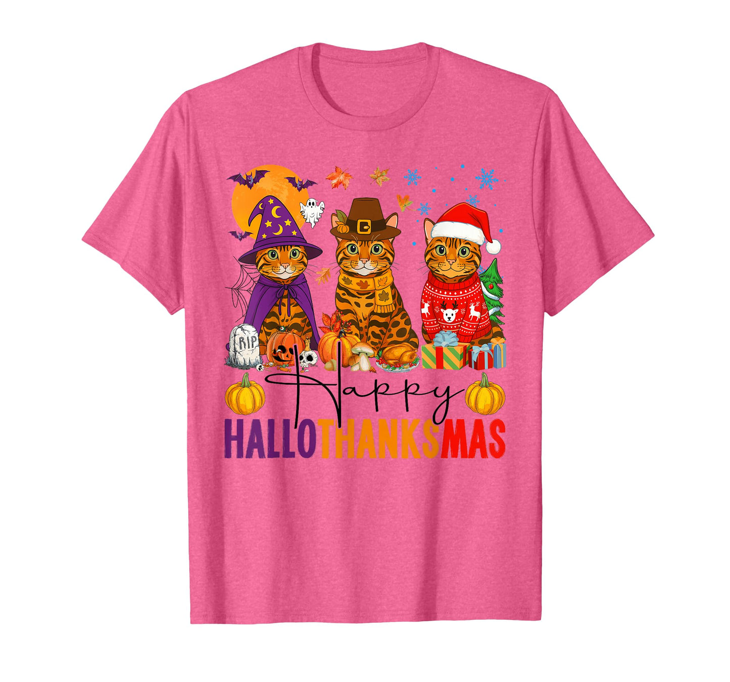 Happy Hallothanksmas Bengal Cats Halloween Thanksgiving Xmas T-Shirt