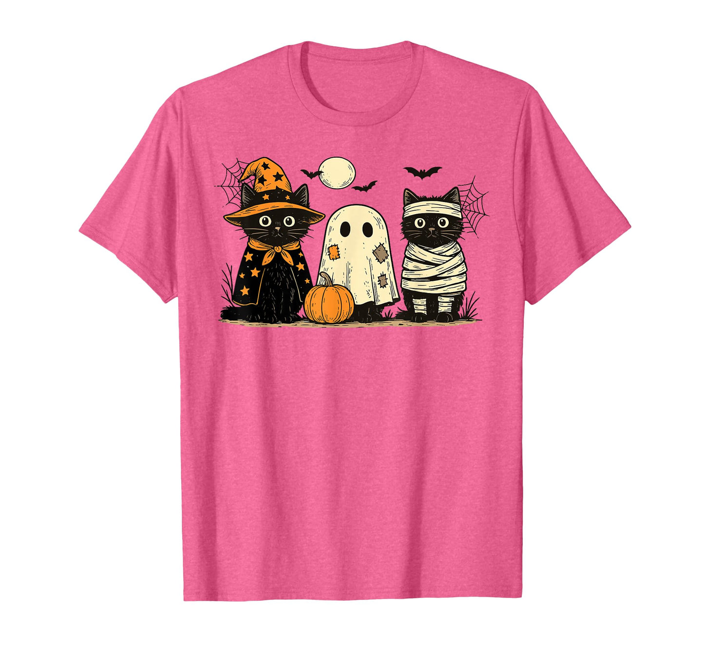 Retro Black Cat Witch Scary Halloween Pumpkin Women Men Kids T-Shirt