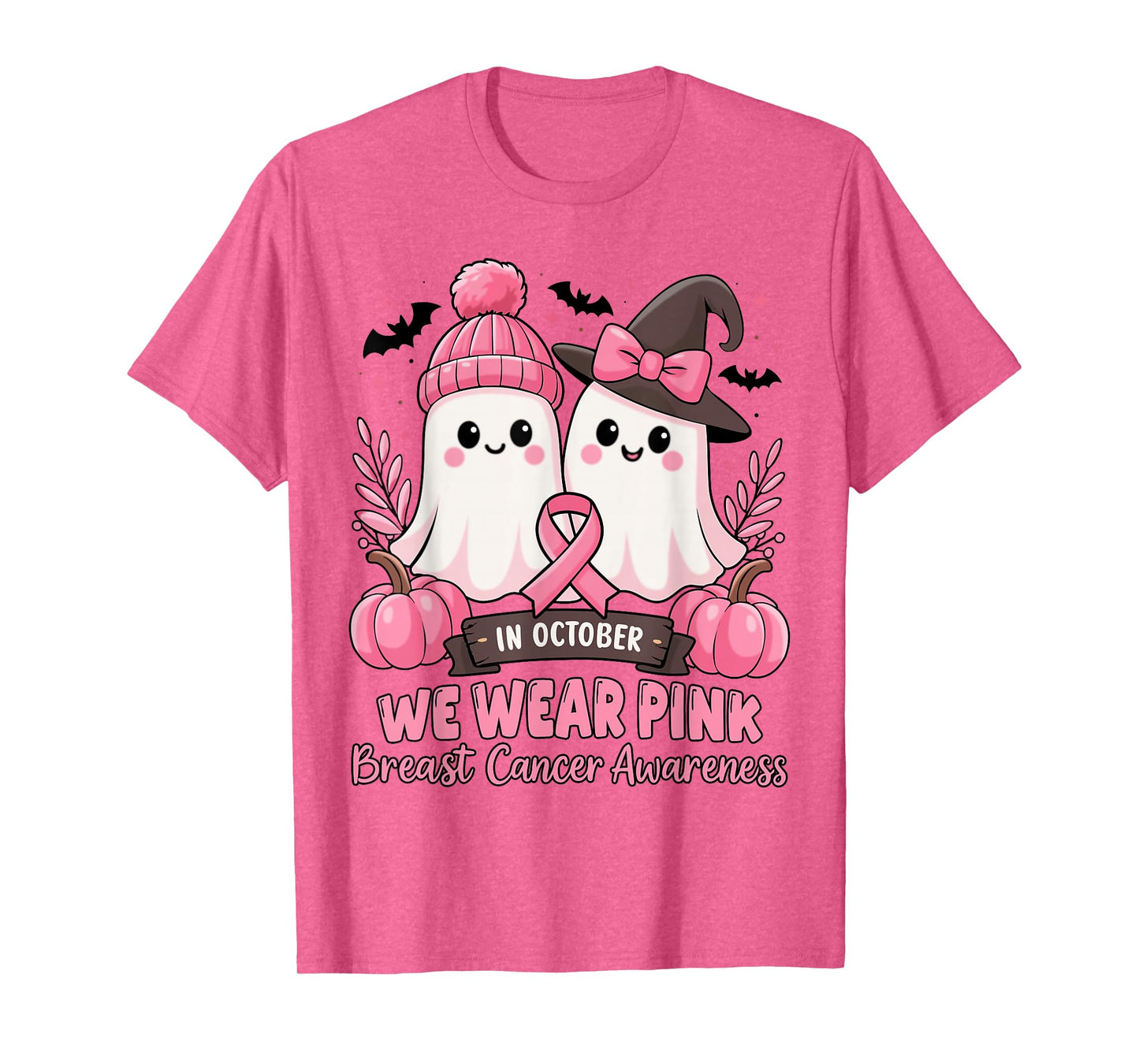 in October We Wear Pink Ghost Witch Breast Cancer Awareness T-Shirt