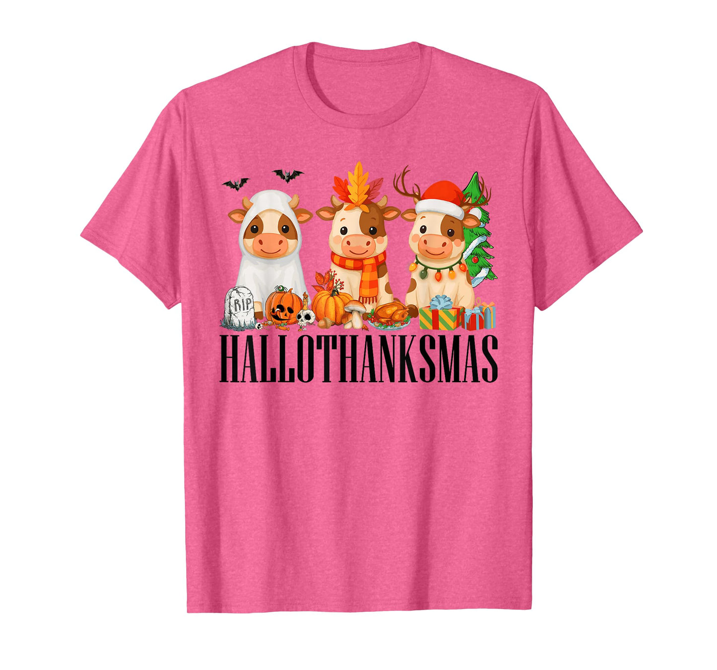 Happy Hallothanksmas Halloween Thanksgiving Christmas Cows T-Shirt