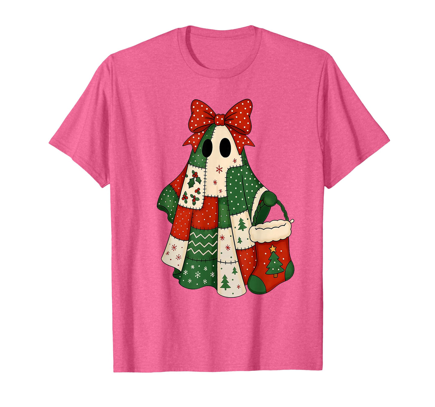 Retro Patchwork Christmas Ghost Coquette Bow X-mas Holiday T-Shirt