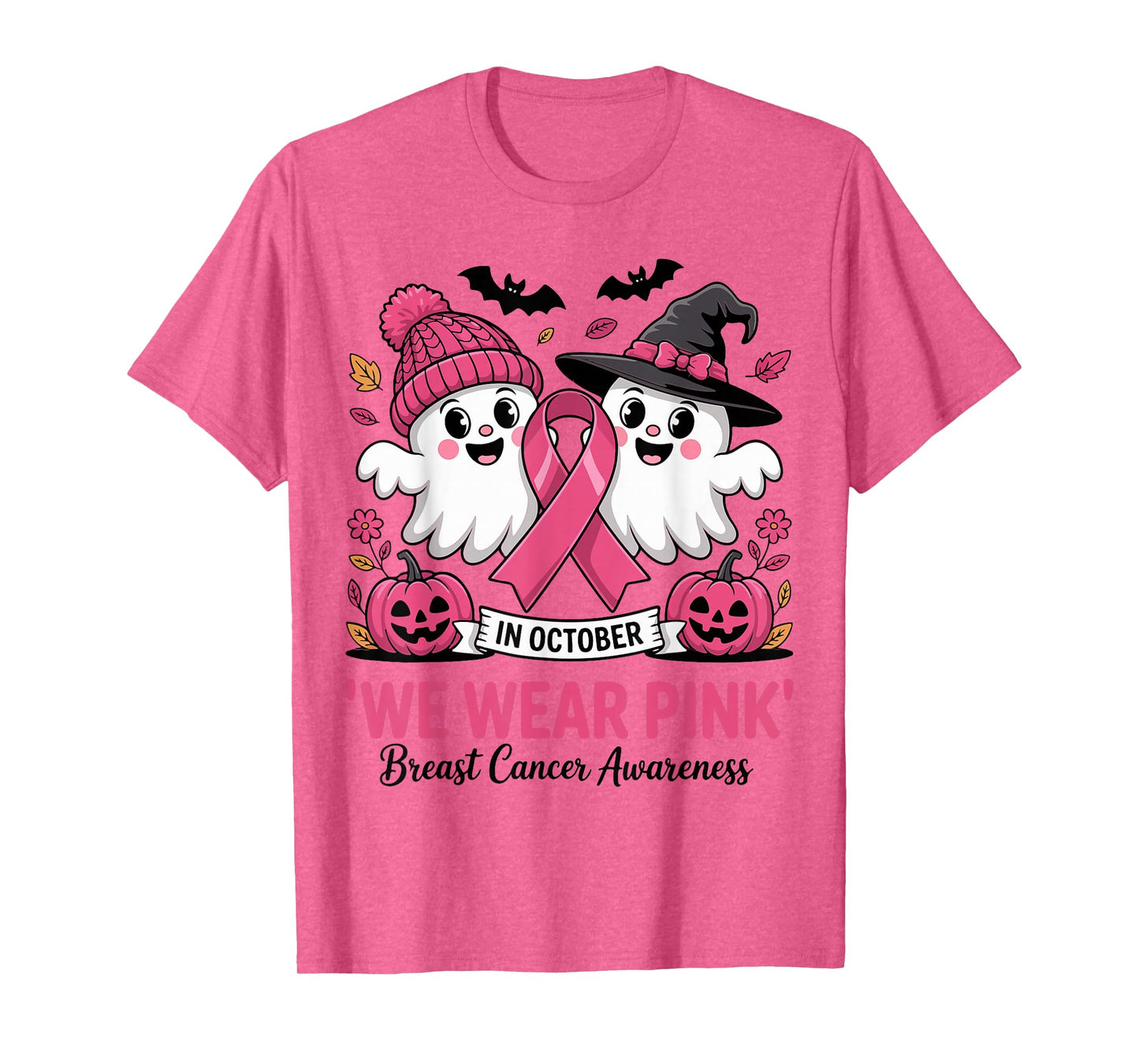 in October We Wear Pink Ghost Witch Breast Cancer Awareness T-Shirt