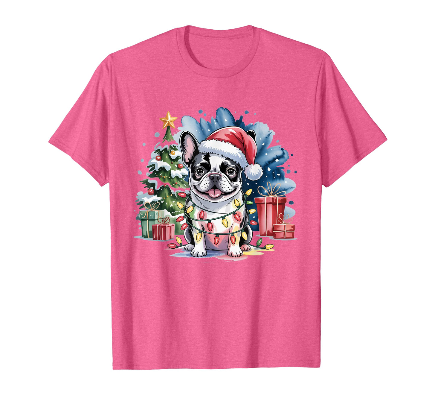 Cute Festive French Bulldog Christmas Santa Hat and Lights T-Shirt