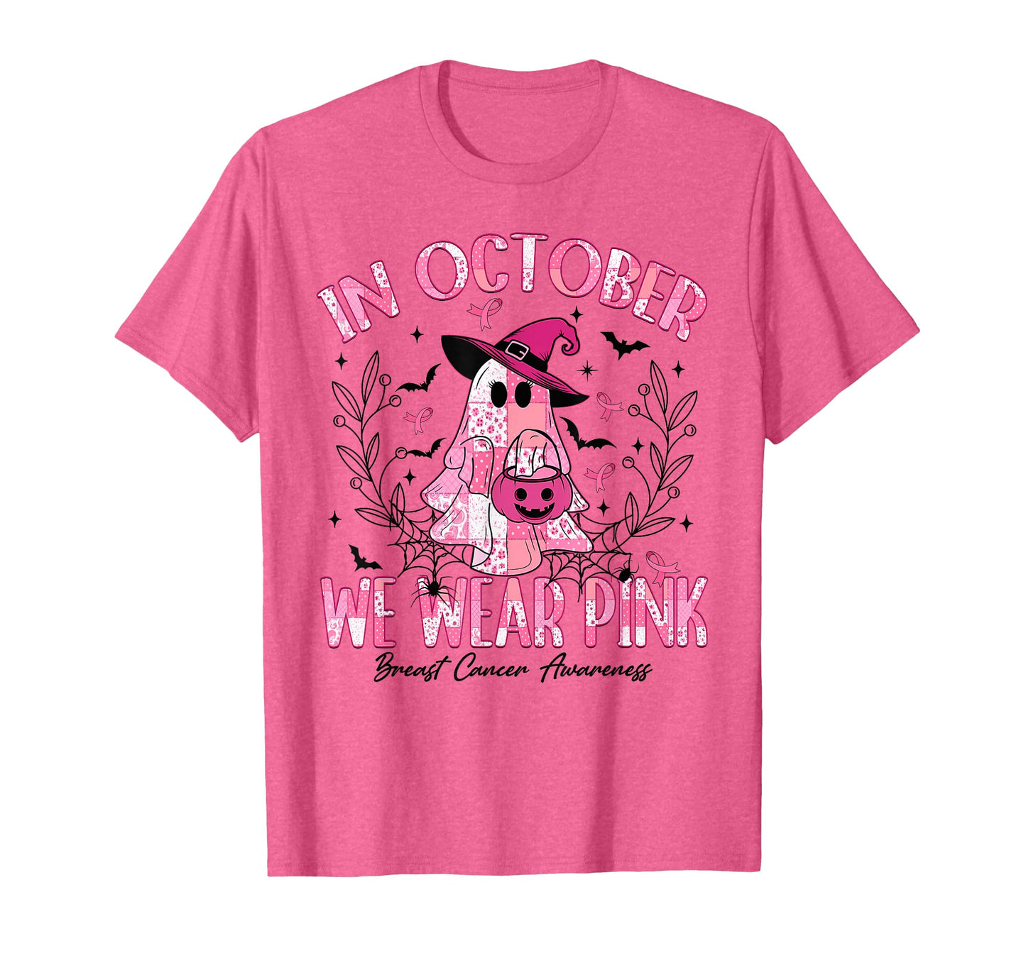 in October We Wear Pink Ghost Witch Breast Cancer Awareness T-Shirt