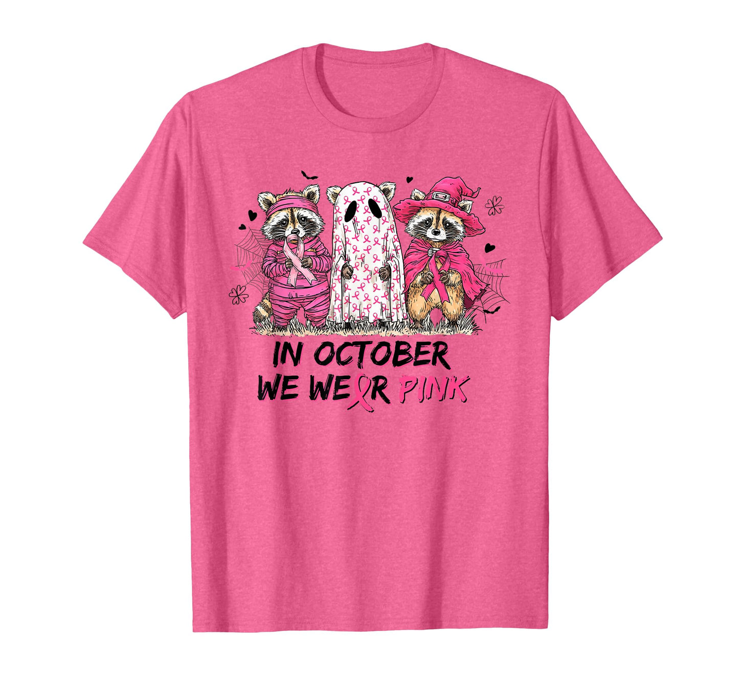 in October We Wear Pink Ghost Witch Breast Cancer Raccoons T-Shirt