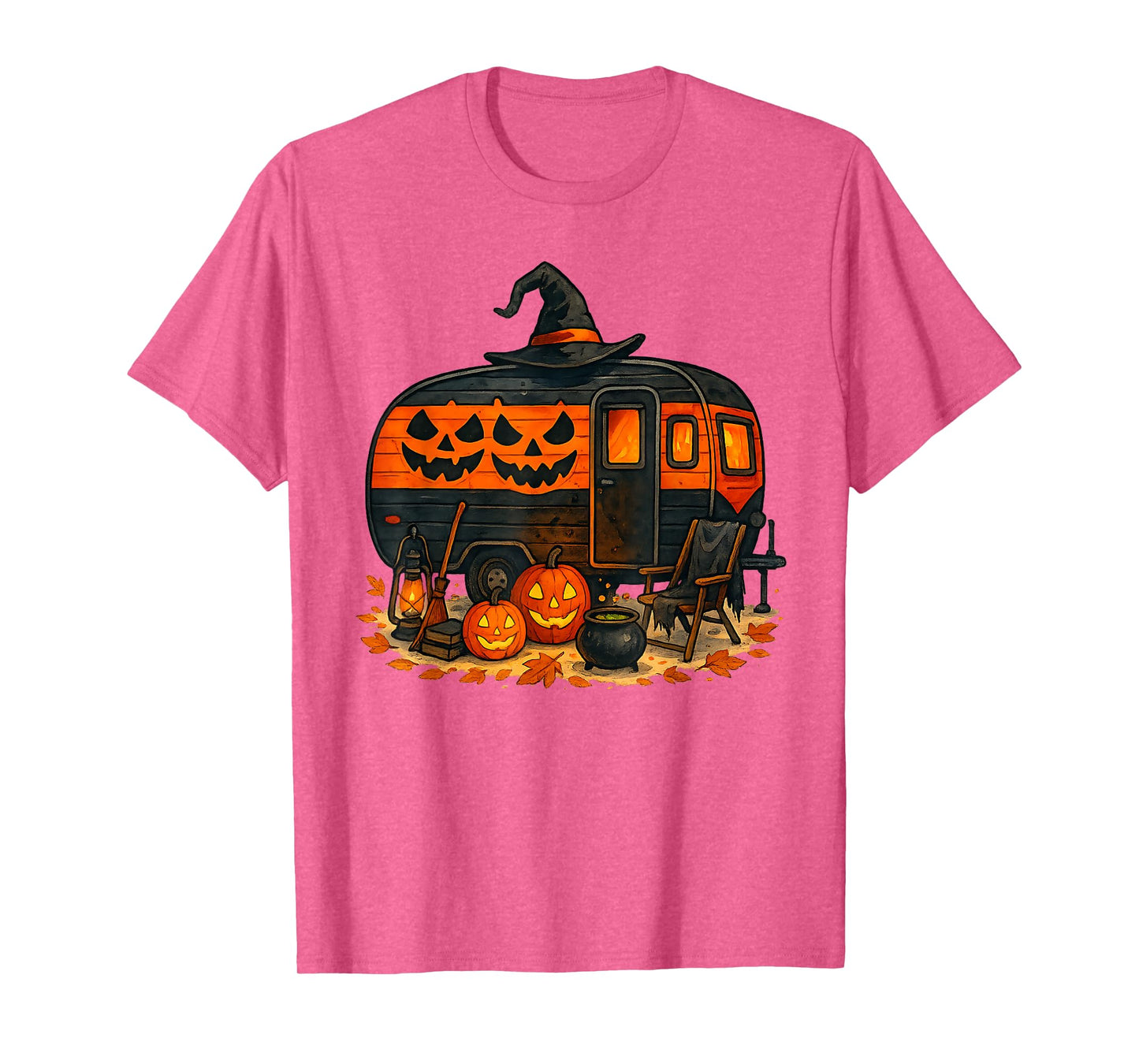 Vintage Spooky Halloween Camper with Pumpkins and Witch Hat T-Shirt