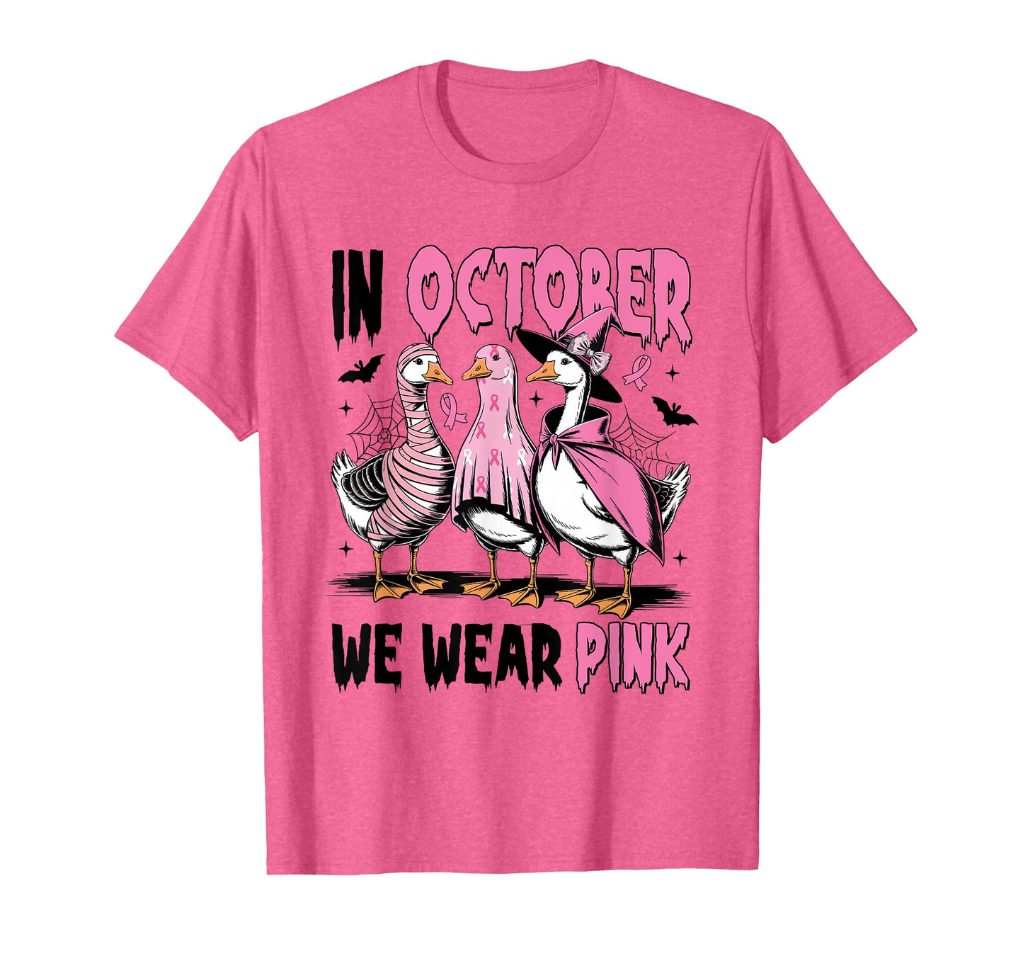 in October We Wear Pink Breast Cancer Halloween Silly Goose T-Shirt