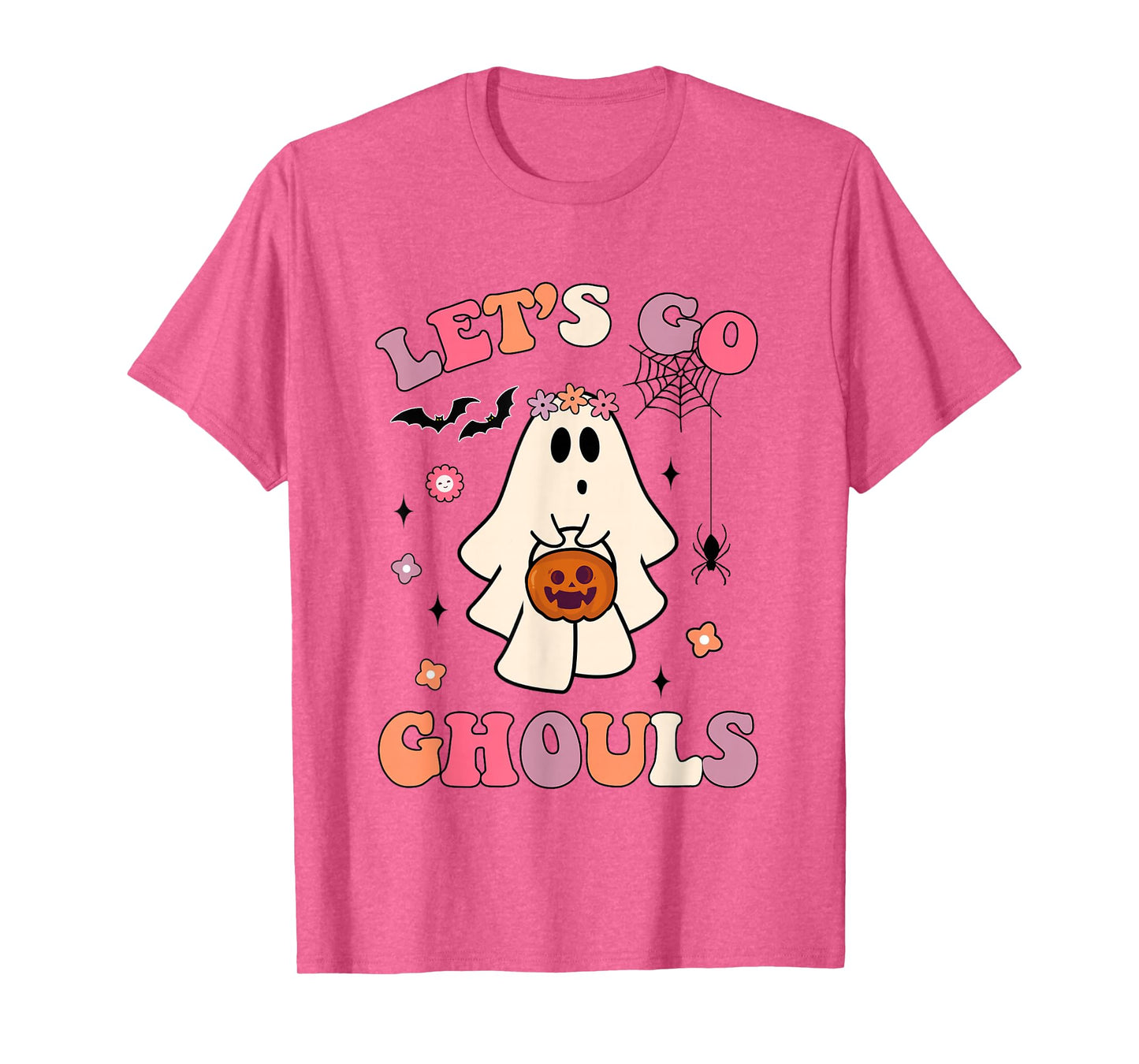 Funny Halloween Ghost Holding Pumpkin Let's Go Ghouls Groovy T-Shirt