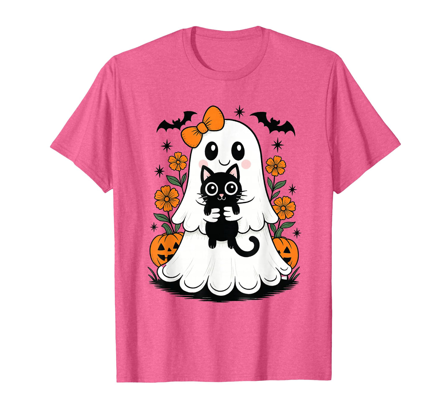 Vintage Halloween Ghost Holding Black Cat Groovy Floral T-Shirt