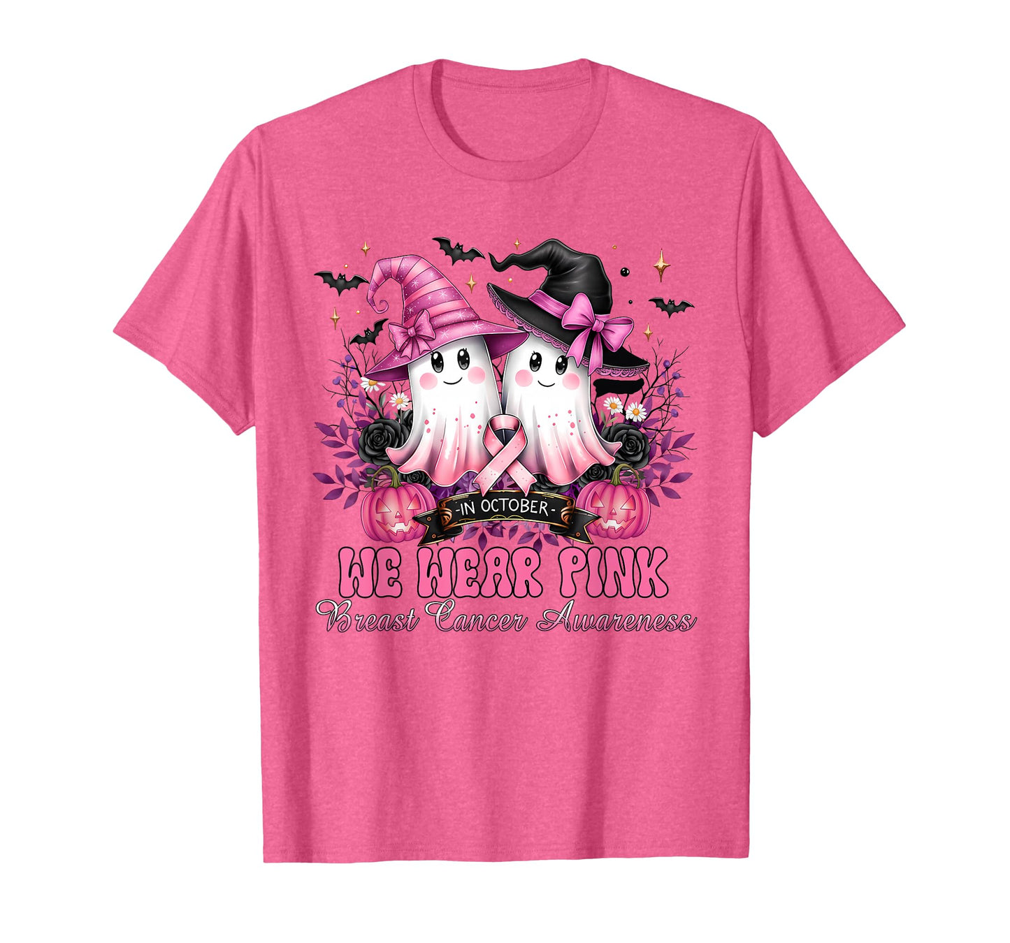 in October We Wear Pink Ghost Witch Breast Cancer Awareness T-Shirt