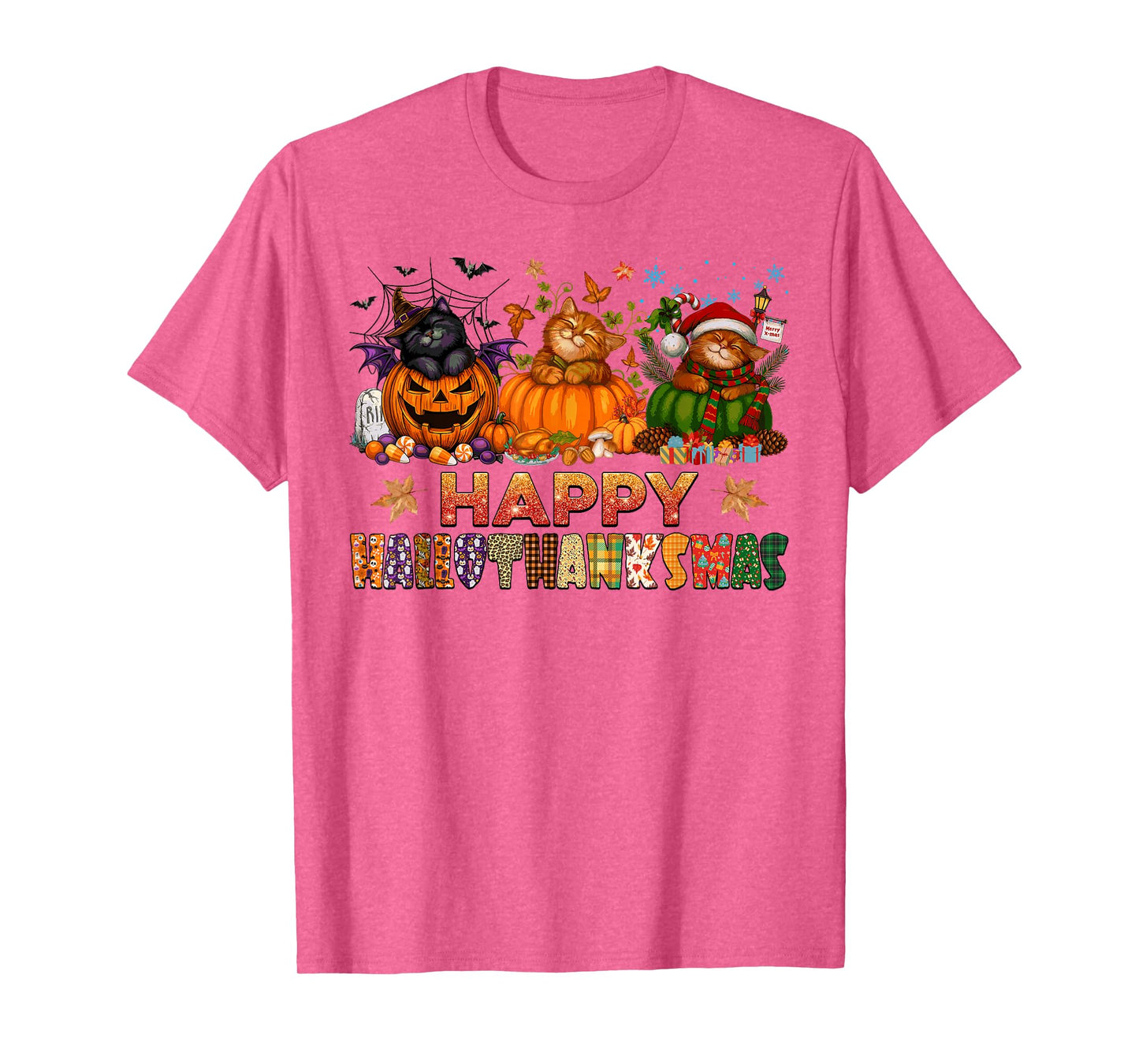 Happy Hallothanksmas Cats Halloween Thanksgiving Christmas T-Shirt