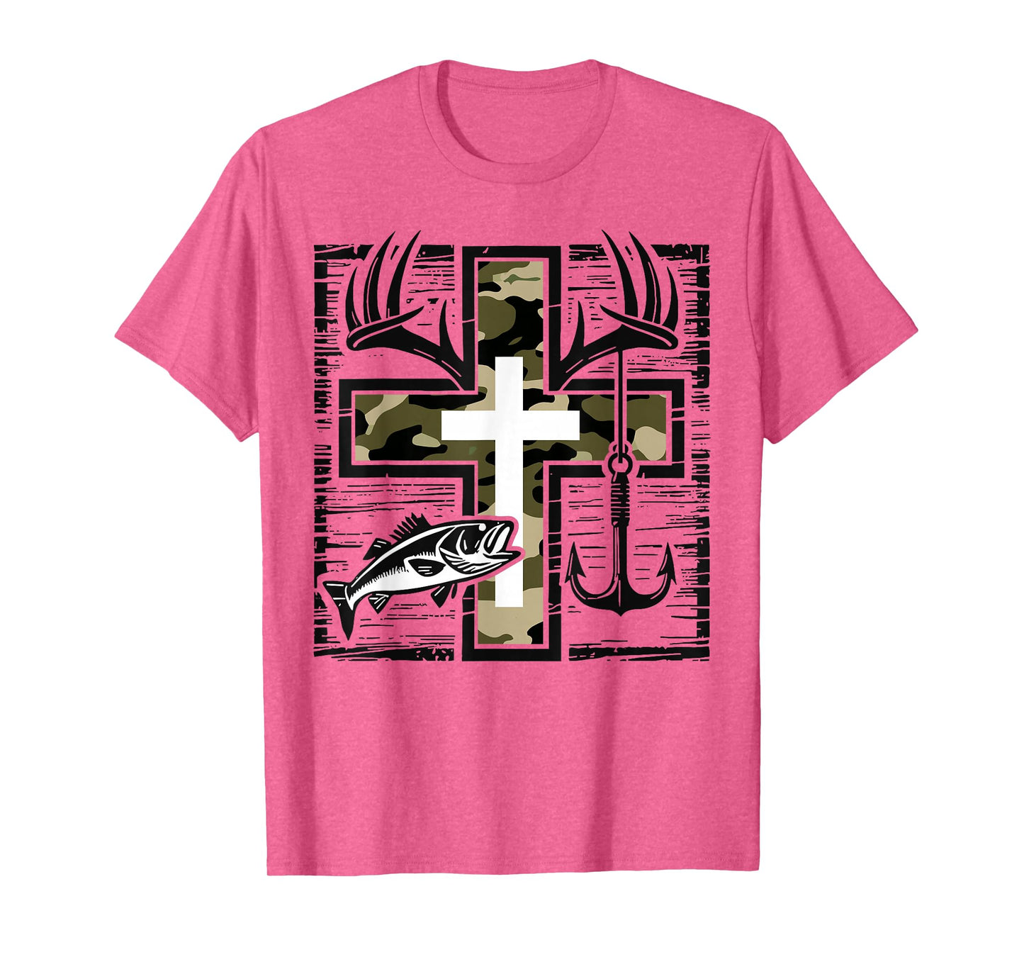 Faith Fishing Hunting Camo Cross with Hook Bass Christian T-Shirt