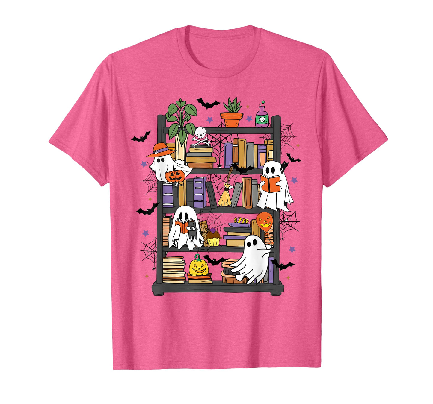 Ghost Reading Books Library Halloween Men Women Kids T-Shirt