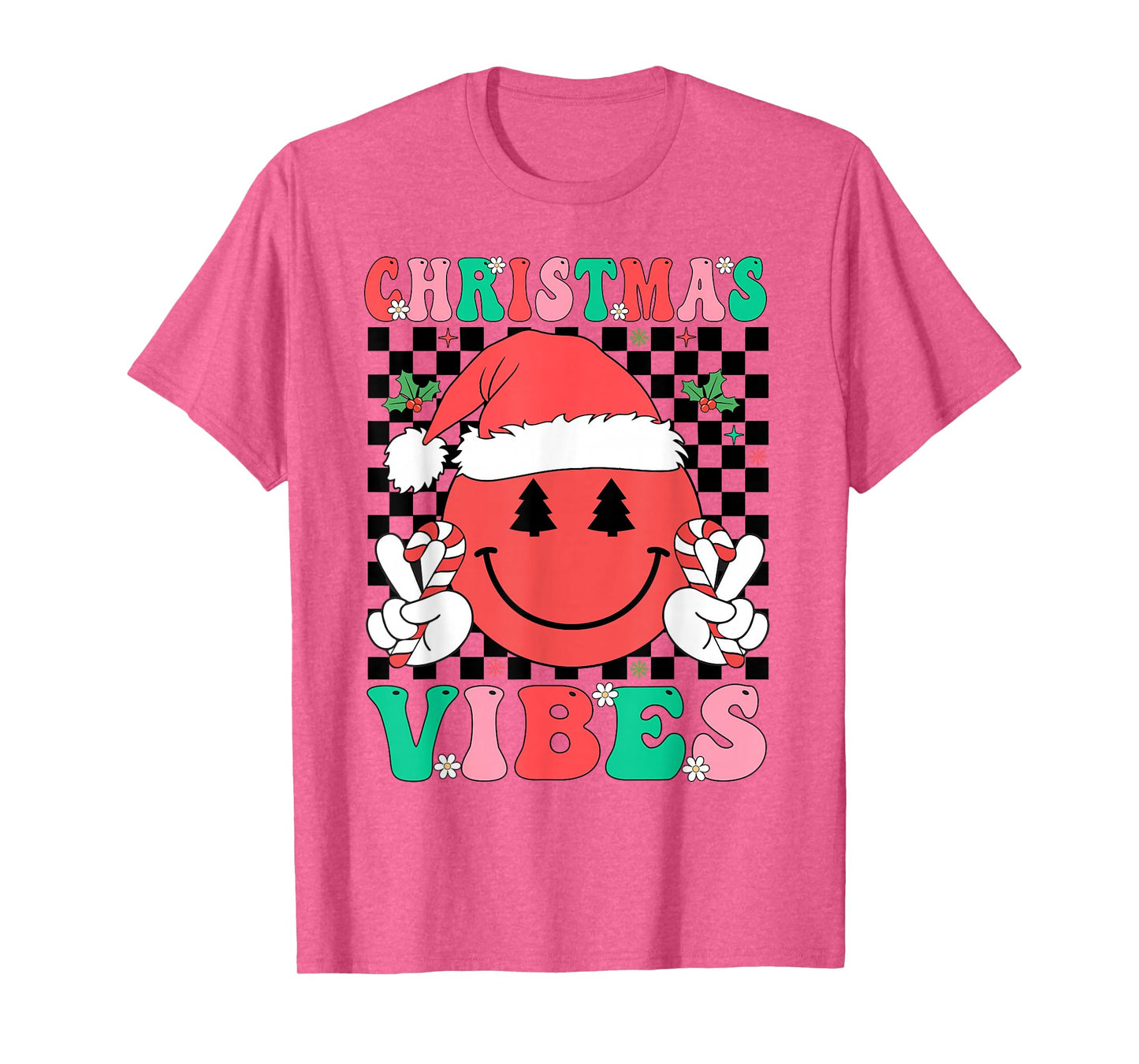 Groovy Christmas Vibes Smile Face Santa Hat Xmas Girls Women T-Shirt