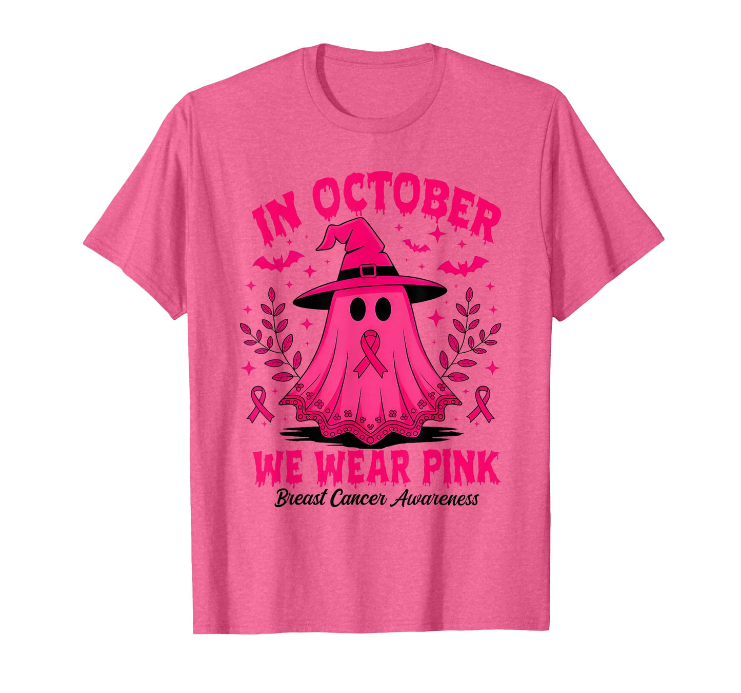 in October We Wear Pink Ghost Witch Breast Cancer Awareness T-Shirt