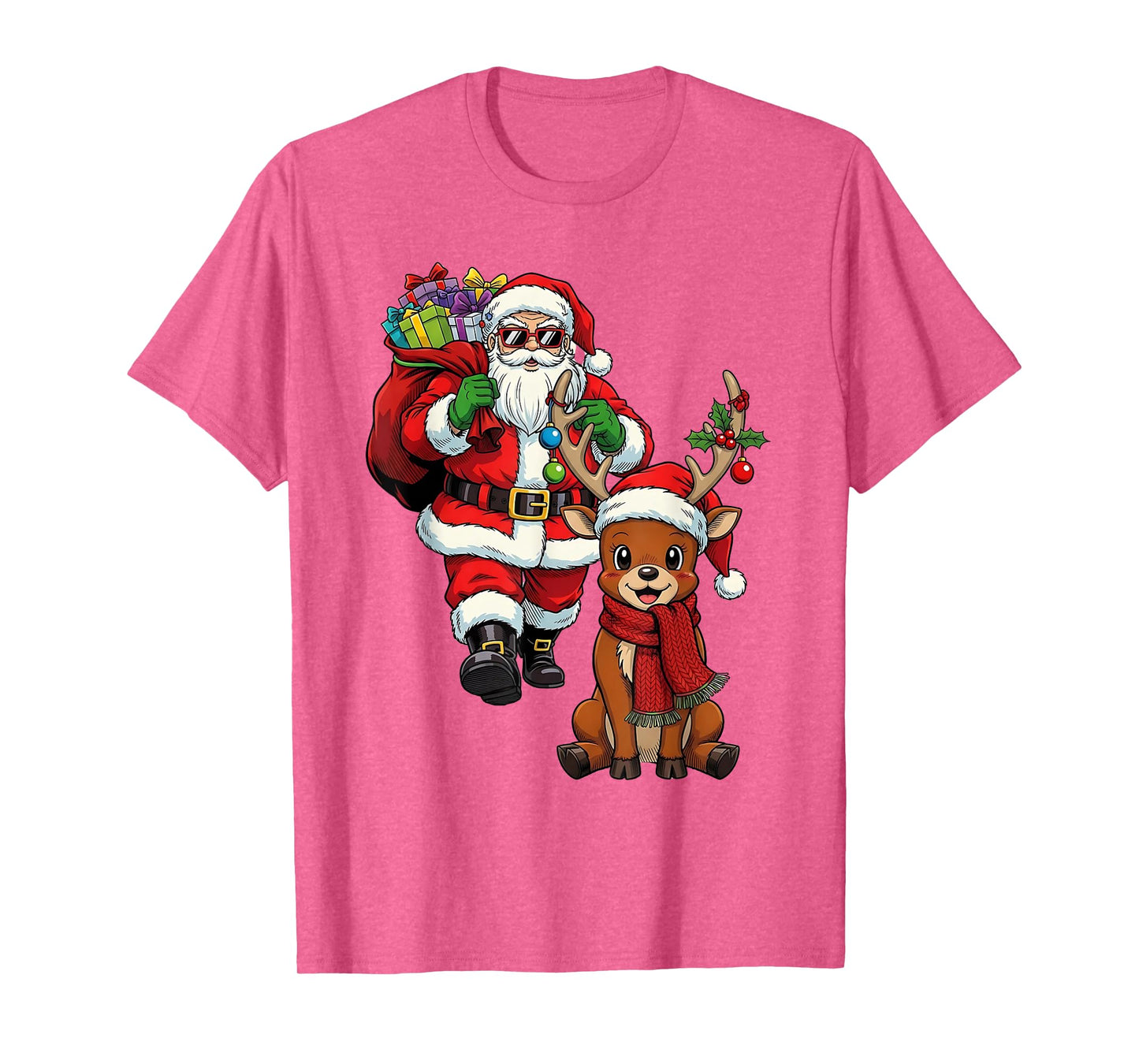 Santa Claus with Reindeer and Gifts Cool Christmas T-Shirt