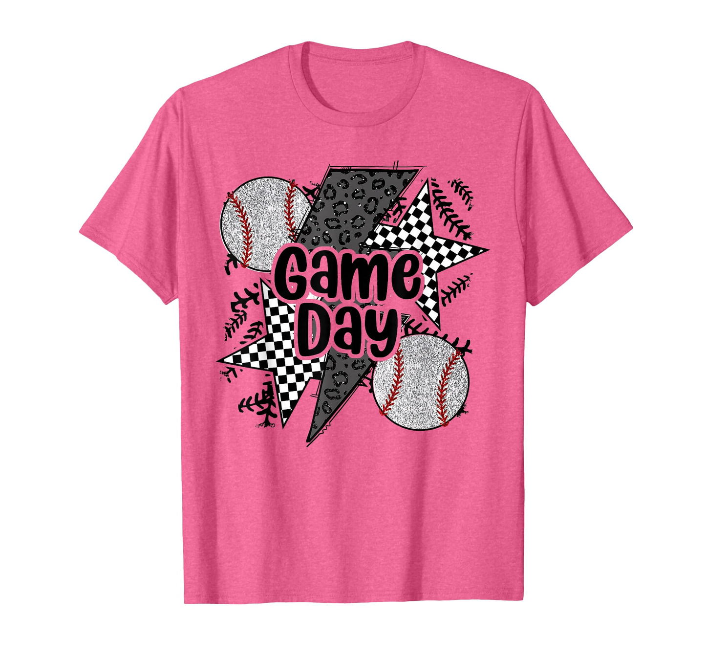 Retro Baseball Game Day Checkered Leopard Baseball Mama Mom T-Shirt