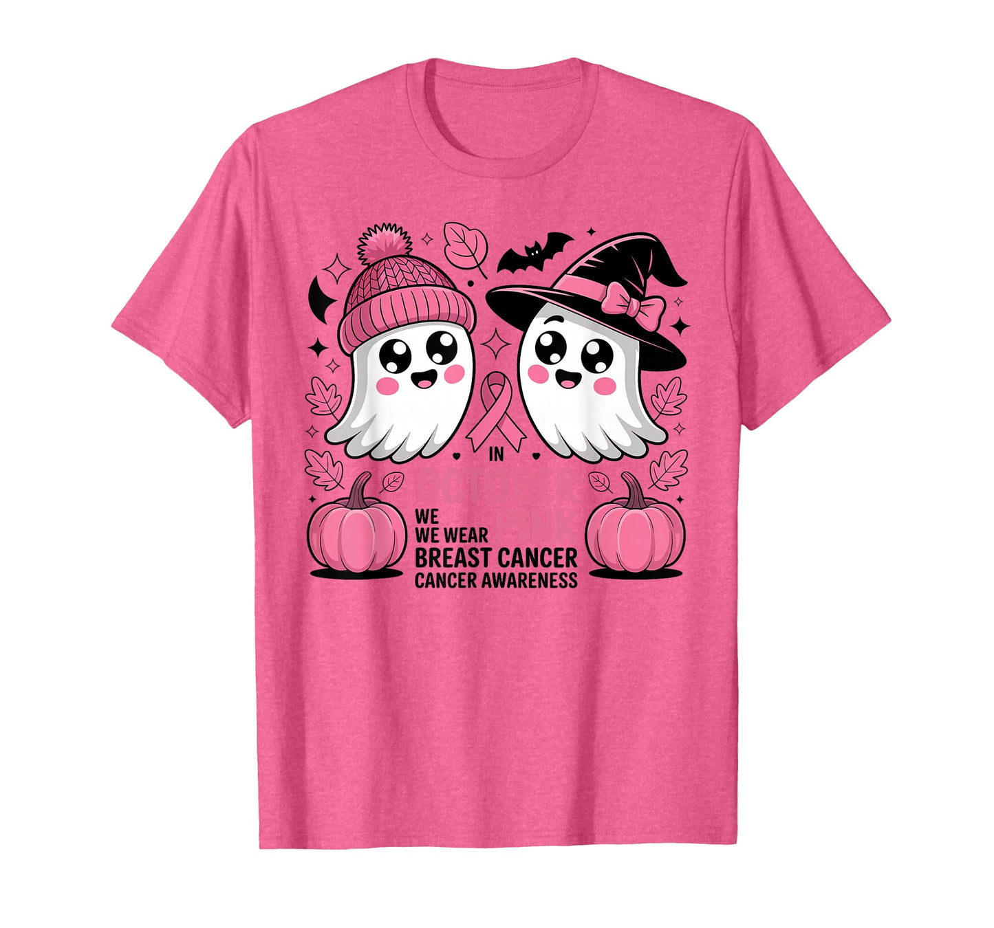 in October We Wear Pink Ghost Witch Breast Cancer Awareness T-Shirt