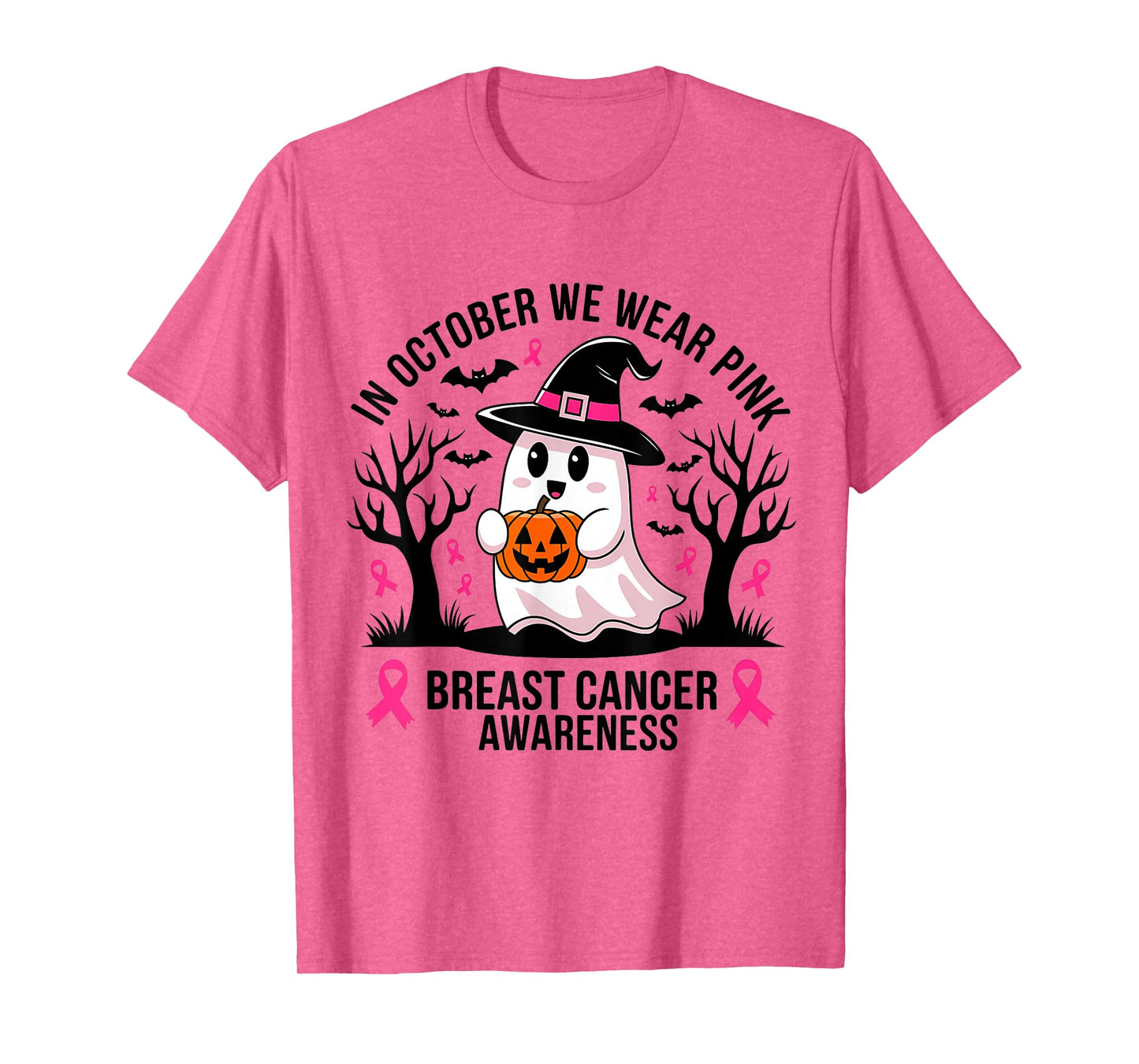 in October We Wear Pink Ghost Halloween Breast Cancer T-Shirt