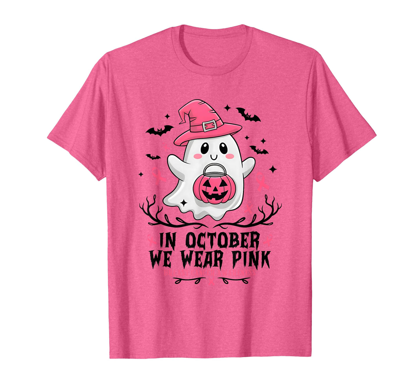 in October We Wear Pink Ghost Witch Breast Cancer Awareness T-Shirt