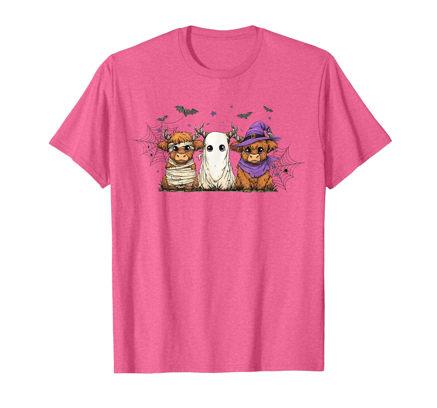 Halloween Highland Cow Trio Ghost Witch Mummy Bat Spider T-Shirt