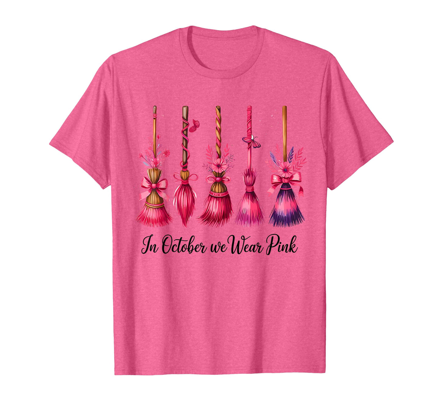 in October We Wear Pink Witch Brooms Halloween Breast Cancer T-Shirt