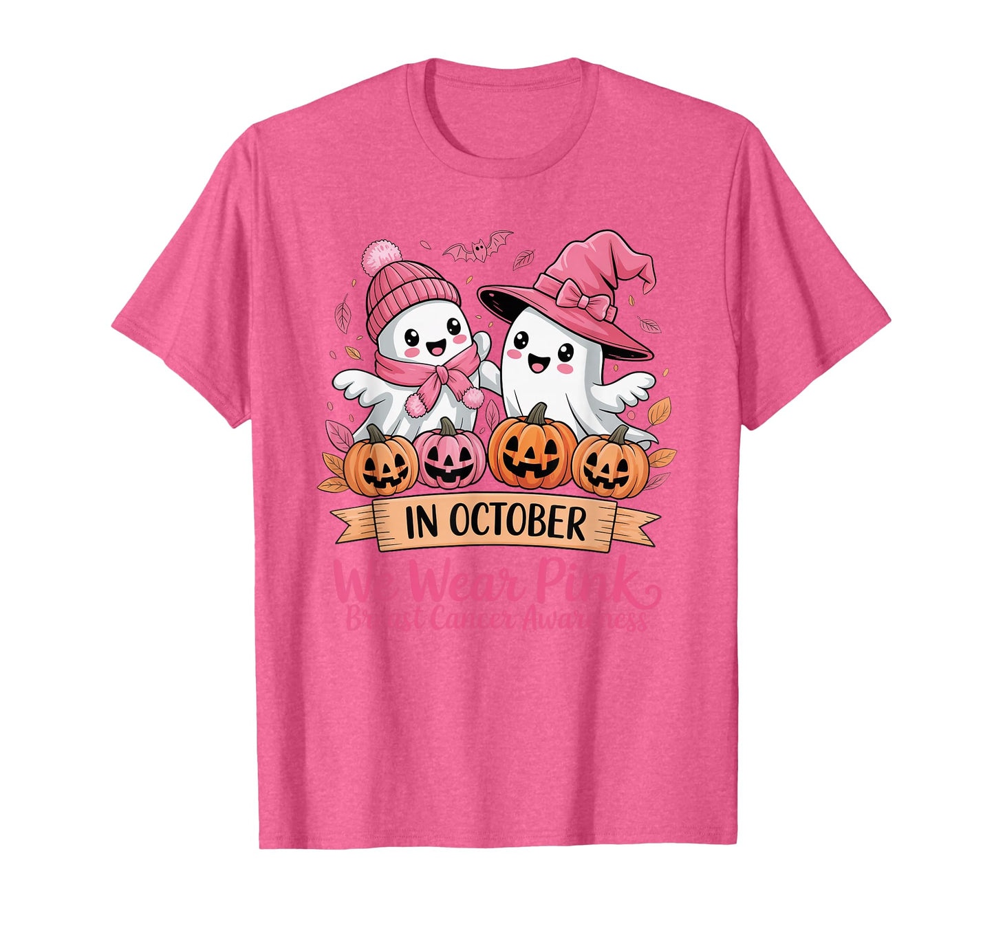 in October We Wear Pink Ghost Witch Breast Cancer Awareness T-Shirt