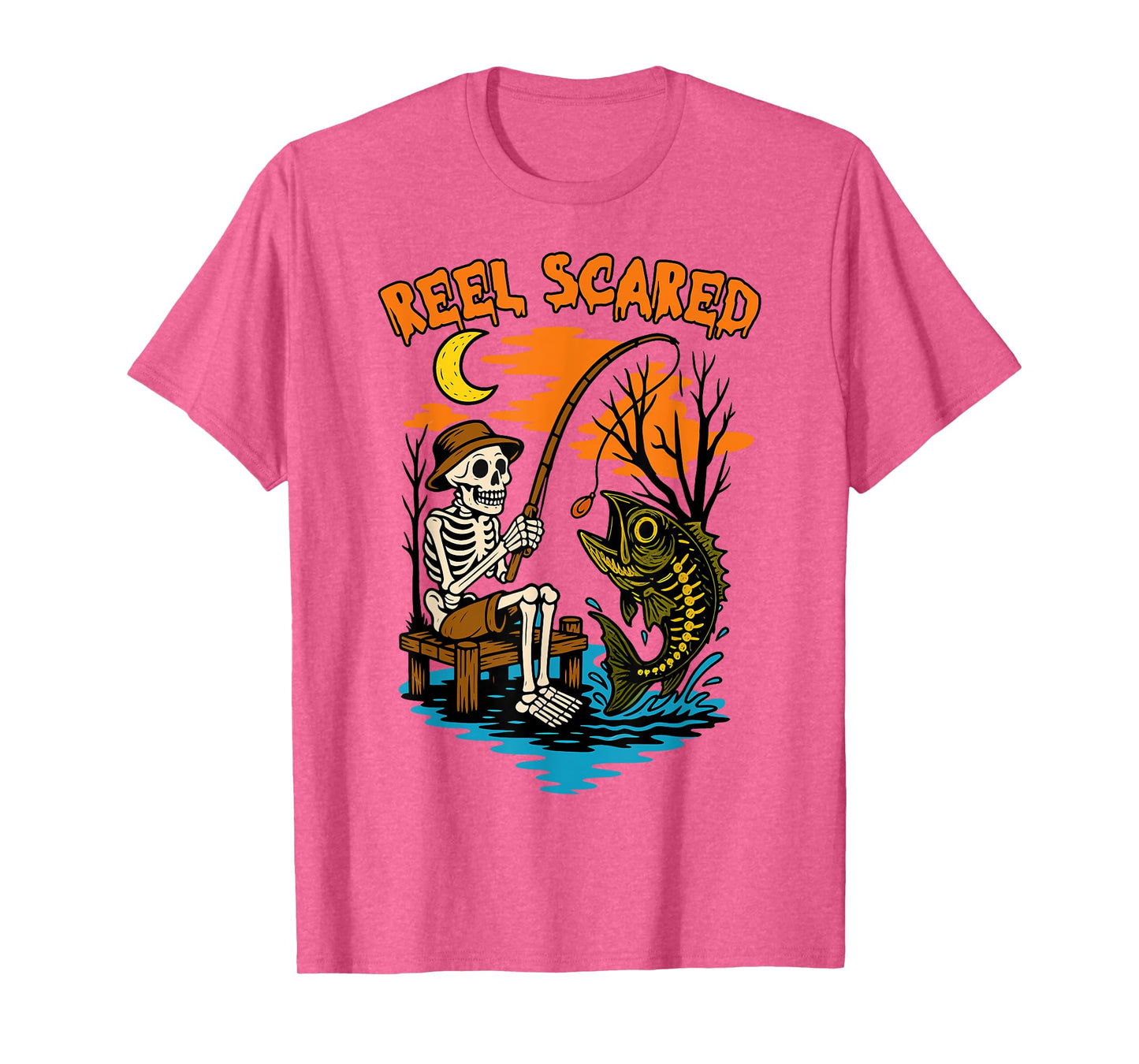 Vintage Reel Halloween Scared Fishing Skeleton Fisherman T-Shirt
