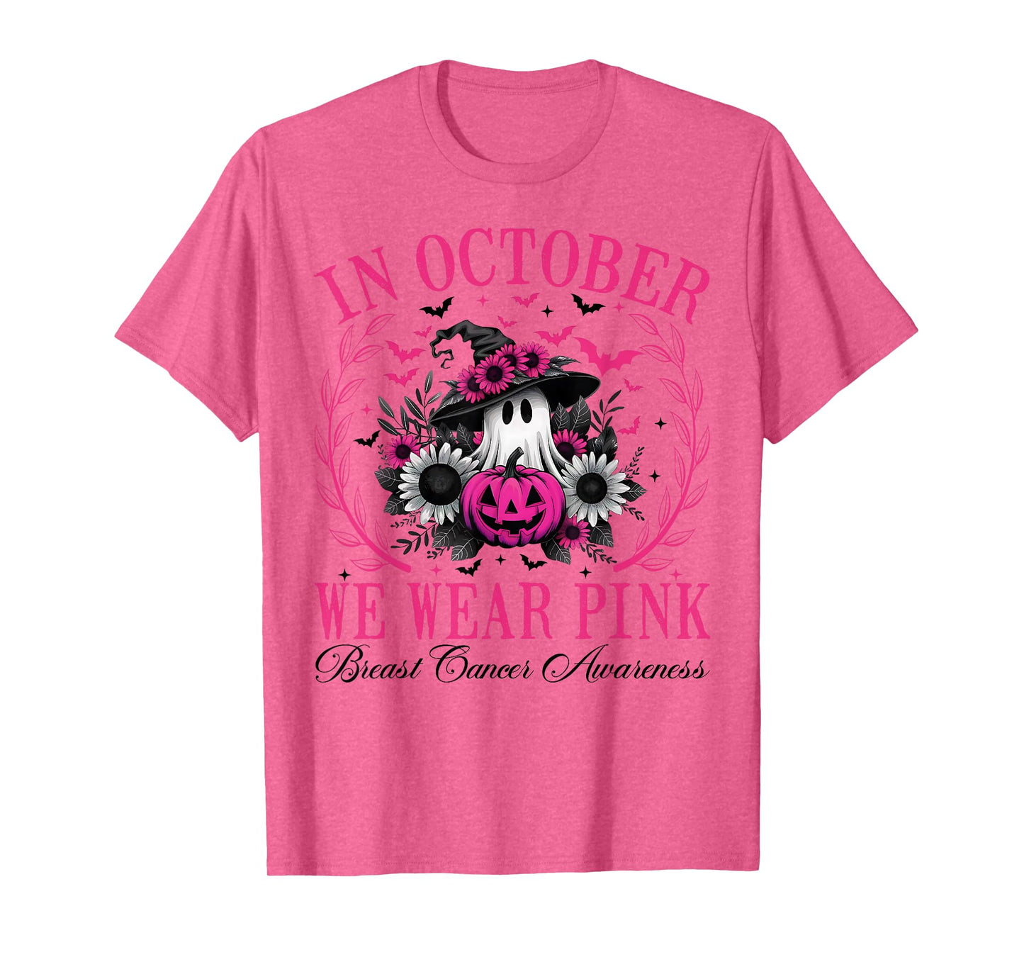 in October We Wear Pink Ghost Witch Breast Cancer Awareness T-Shirt