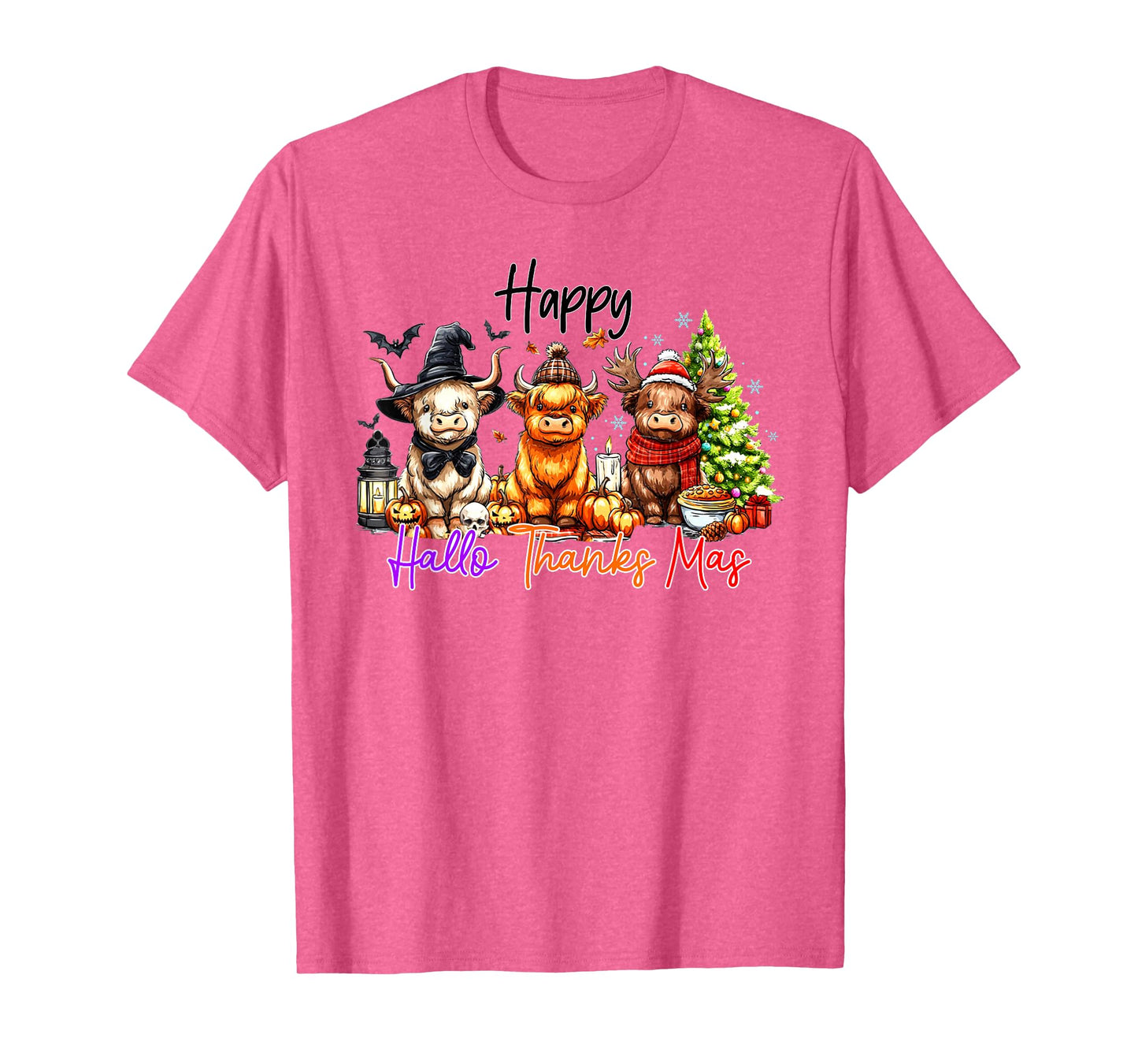 Happy Hallothanksmas Highland Cow Halloween Merry Christmas T-Shirt