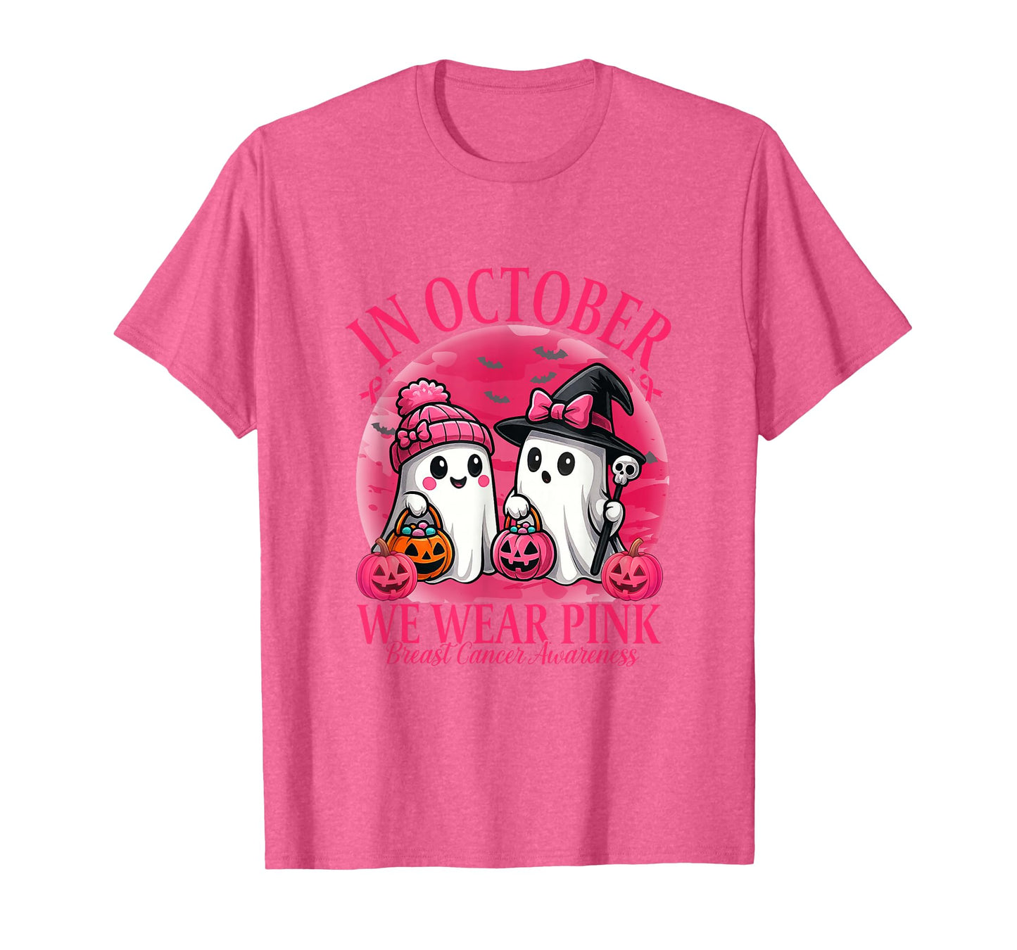 in October We Wear Pink Ghost Witch Breast Cancer Awareness T-Shirt