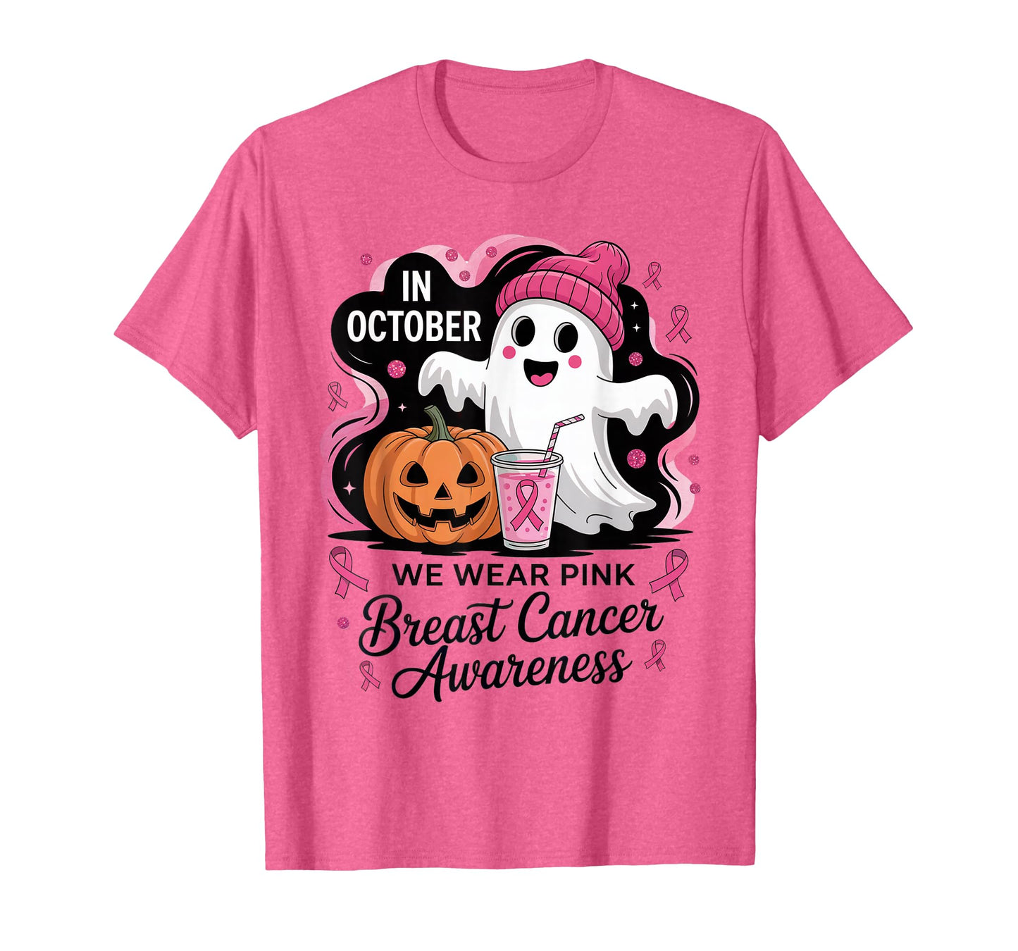 Pink Pumpkin Ghost Halloween Breast Cancer Awareness T-Shirt