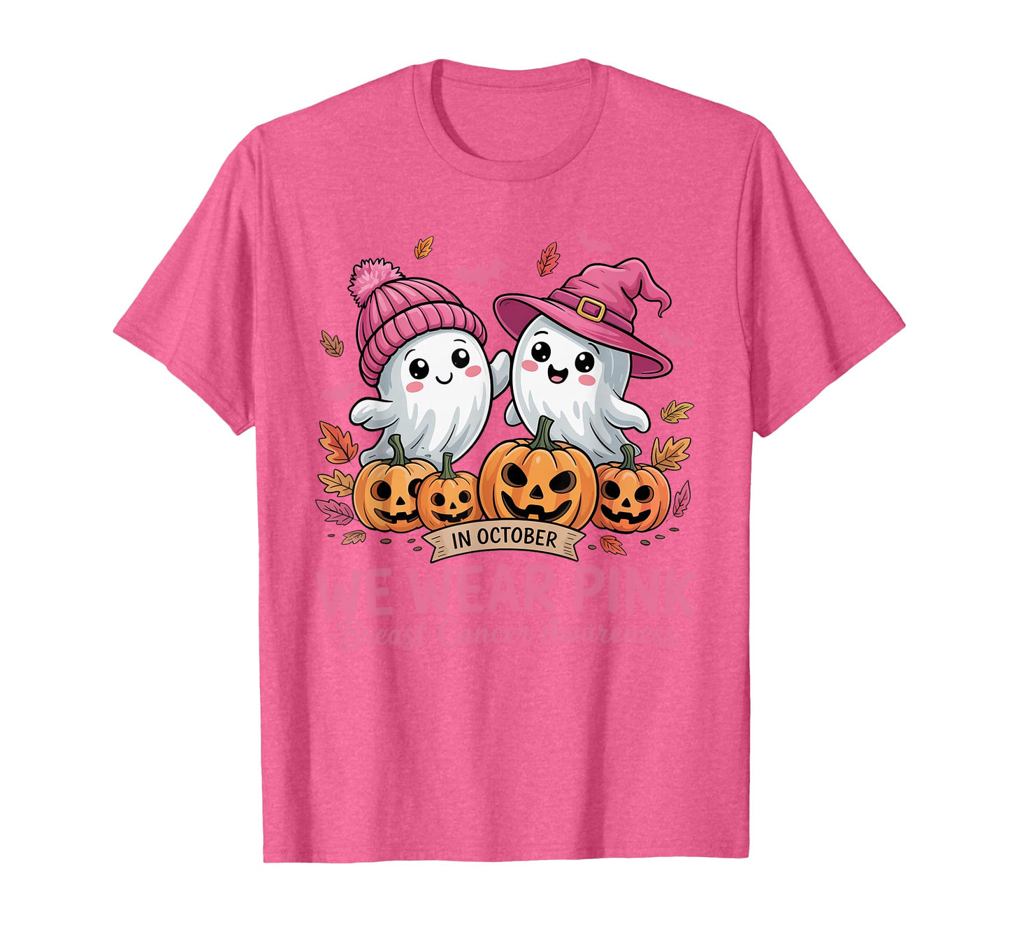 in October We Wear Pink Ghost Witch Breast Cancer Awareness T-Shirt