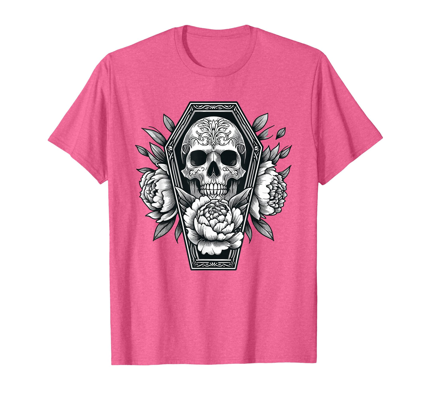 Goth Skull and Roses in Coffin Halloween Spooky Occult Pagan T-Shirt