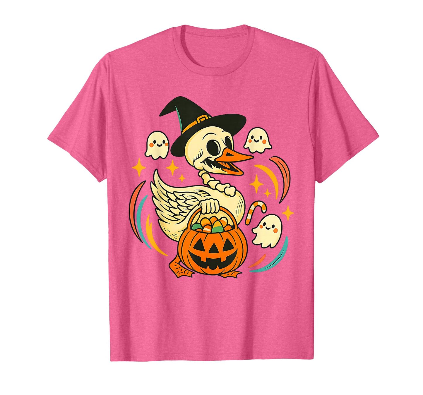 Halloween Goose Skeleton with Witch Hat Pumpkin Candy Bucket T-Shirt