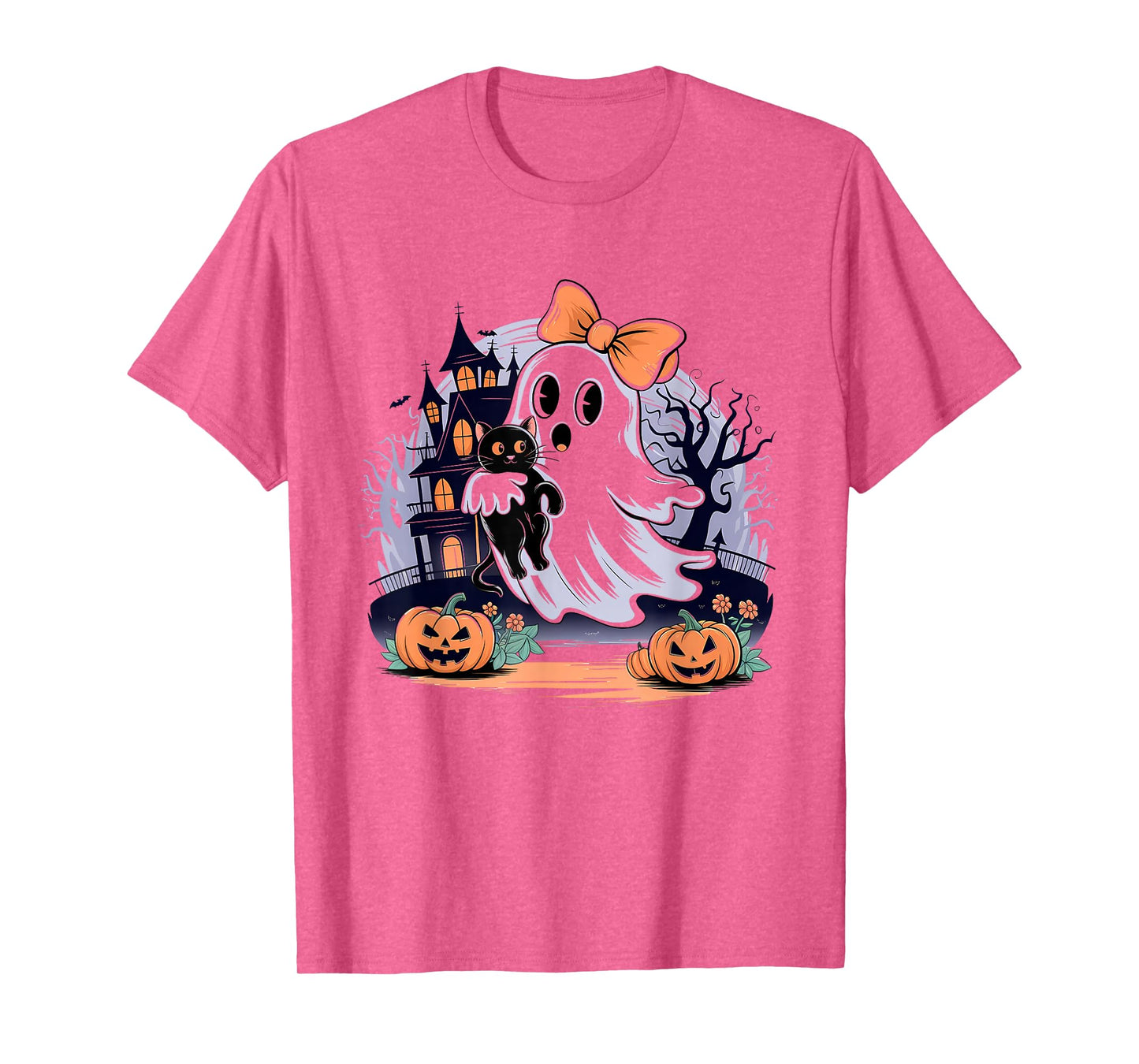 Halloween Ghost Holding Black Cat Groovy Men Women & Youths T-Shirt