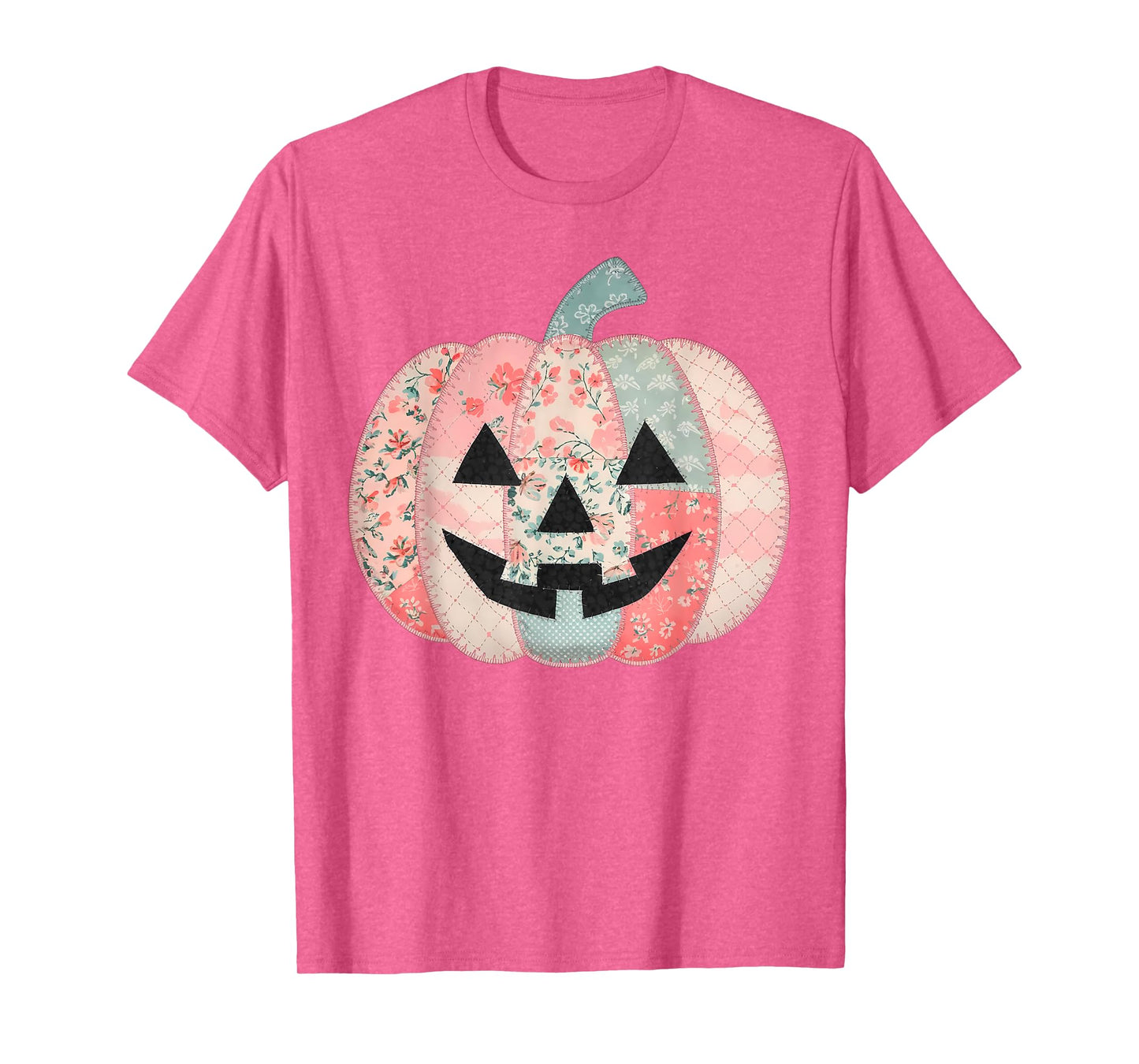 Preppy Pink Floral Patchwork Pumpkin Autumn Fall Halloween T-Shirt