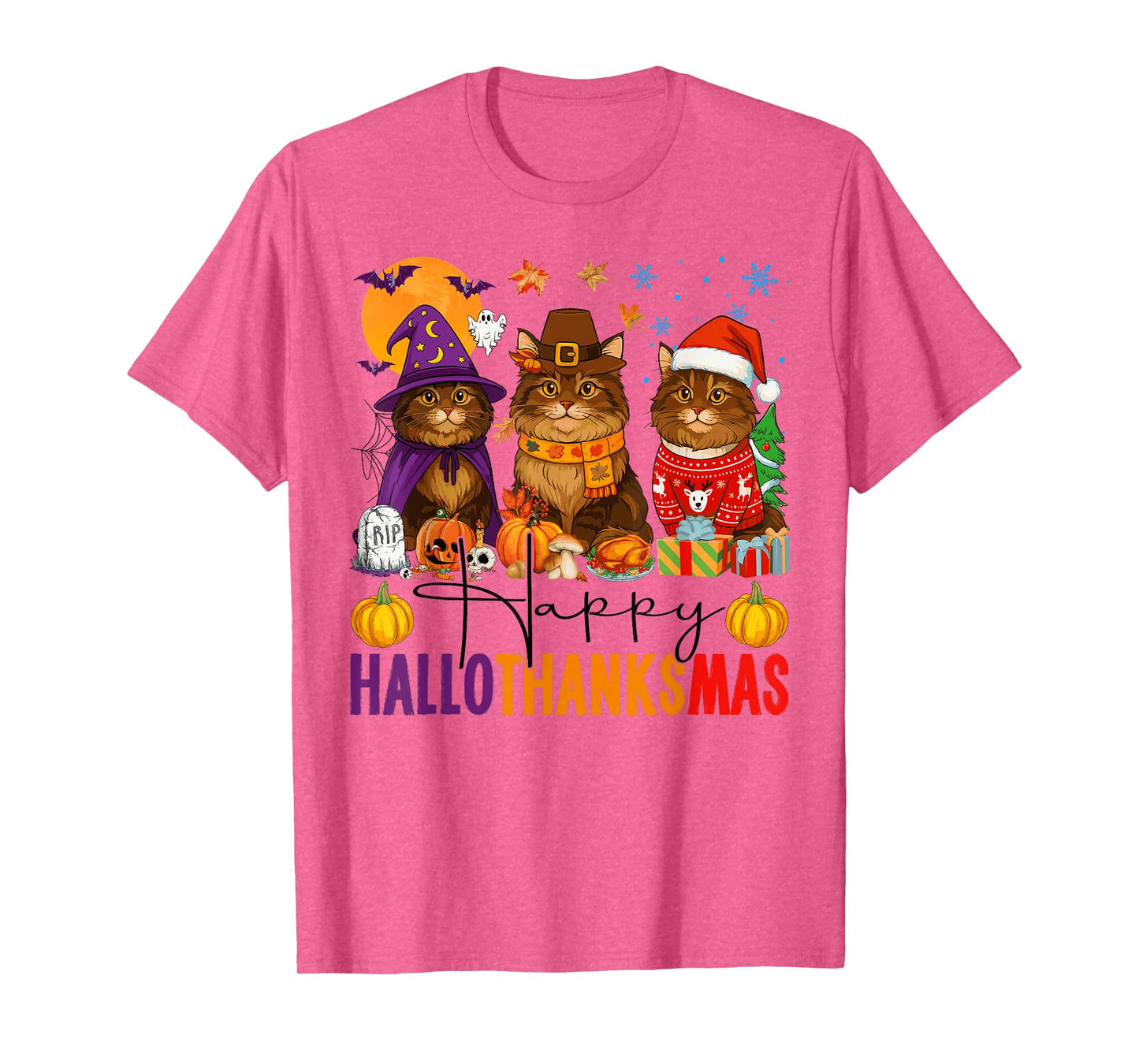 Happy Hallothanksmas Maine Coon Cats Halloween Thanksgiving T-Shirt