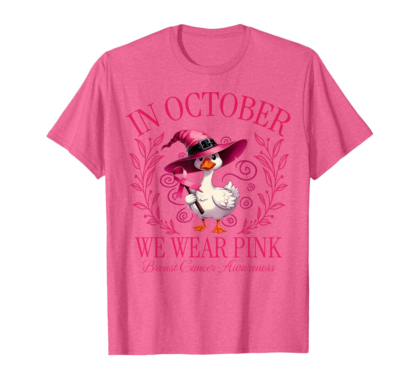 in October We Wear Pink Witch Goose Breast Cancer Awareness T-Shirt
