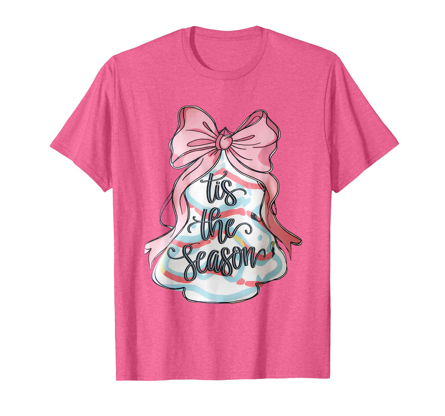 Funny Christmas Outfit for Men Women Kids Pink Christmas Tree Cake Coquette Bow Xmas Pajamas Funny T-Shirt