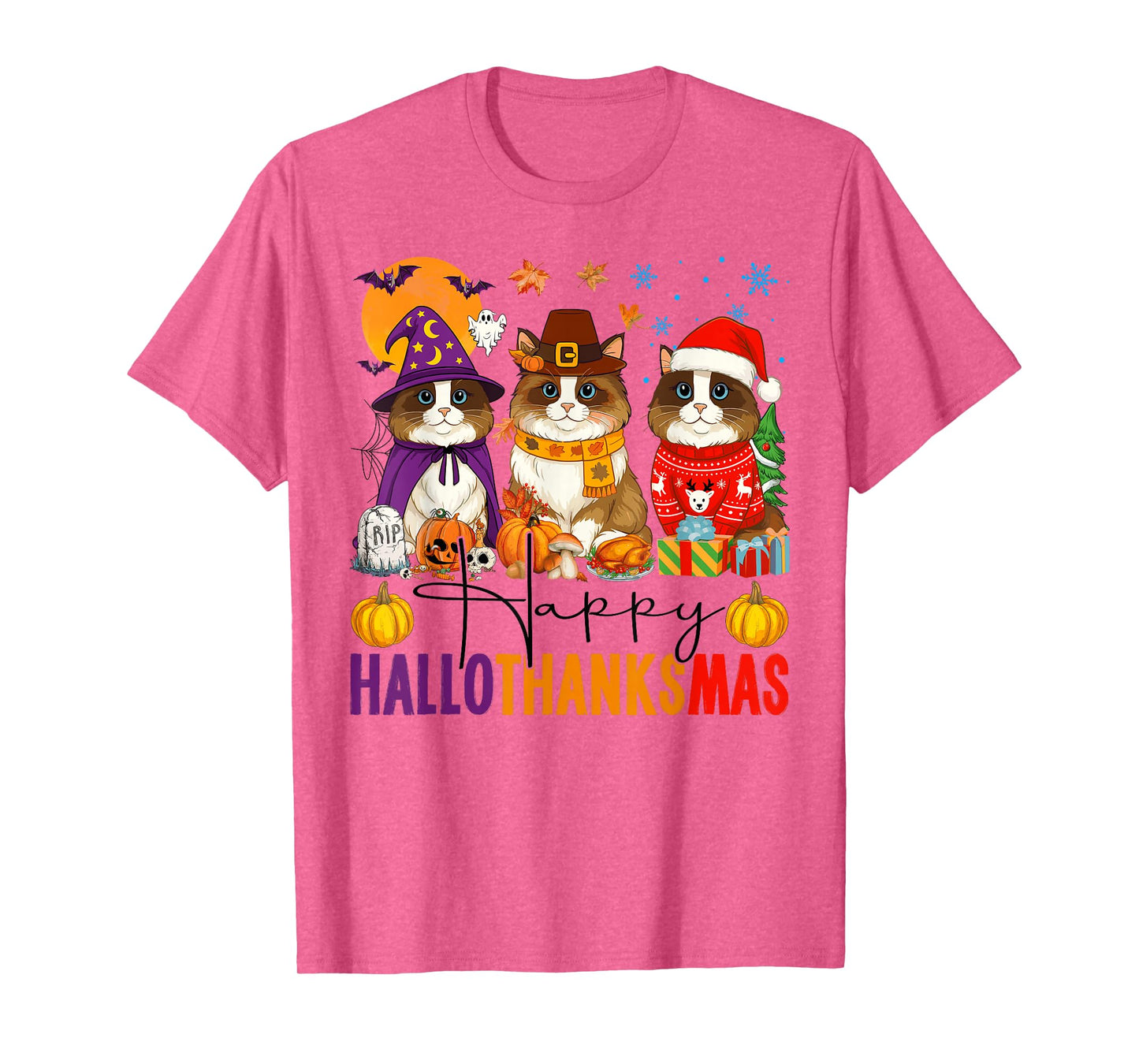 Happy Hallothanksmas Ragdoll Cats Halloween Thanksgiving T-Shirt