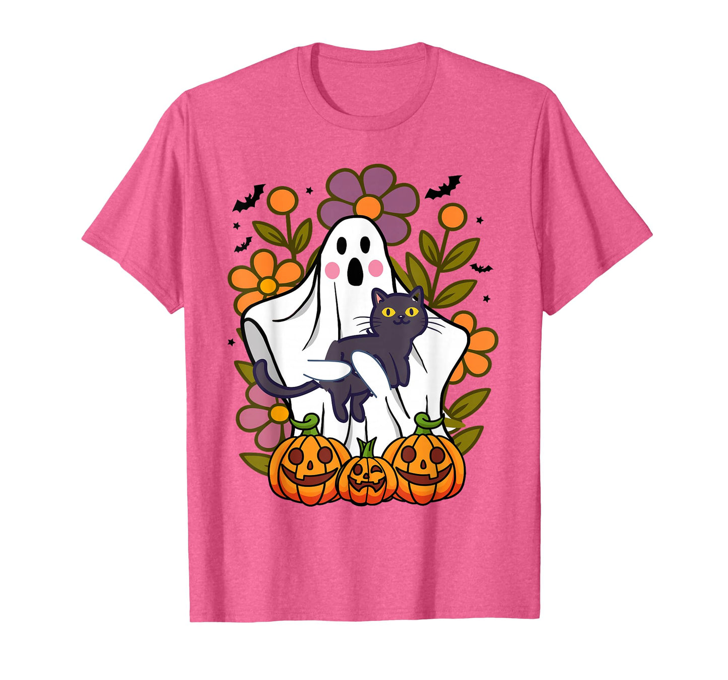 Funny Floral Ghost with Cat Vintage Pumpkin Fall Halloween T-Shirt