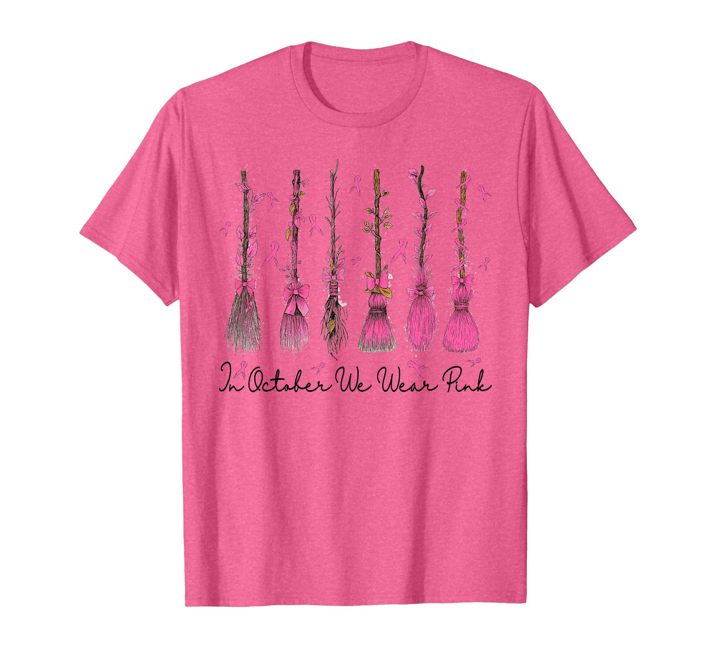 Breast Cancer Halloween in October We Wear Pink Witch Broom T-Shirt