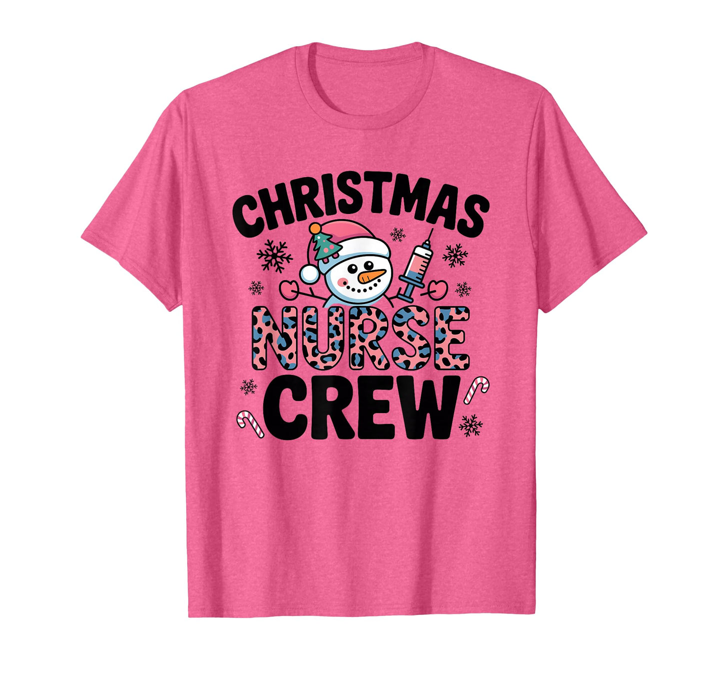 Nurse Christmas Crew Snowman Pink Leopard Print T-Shirt