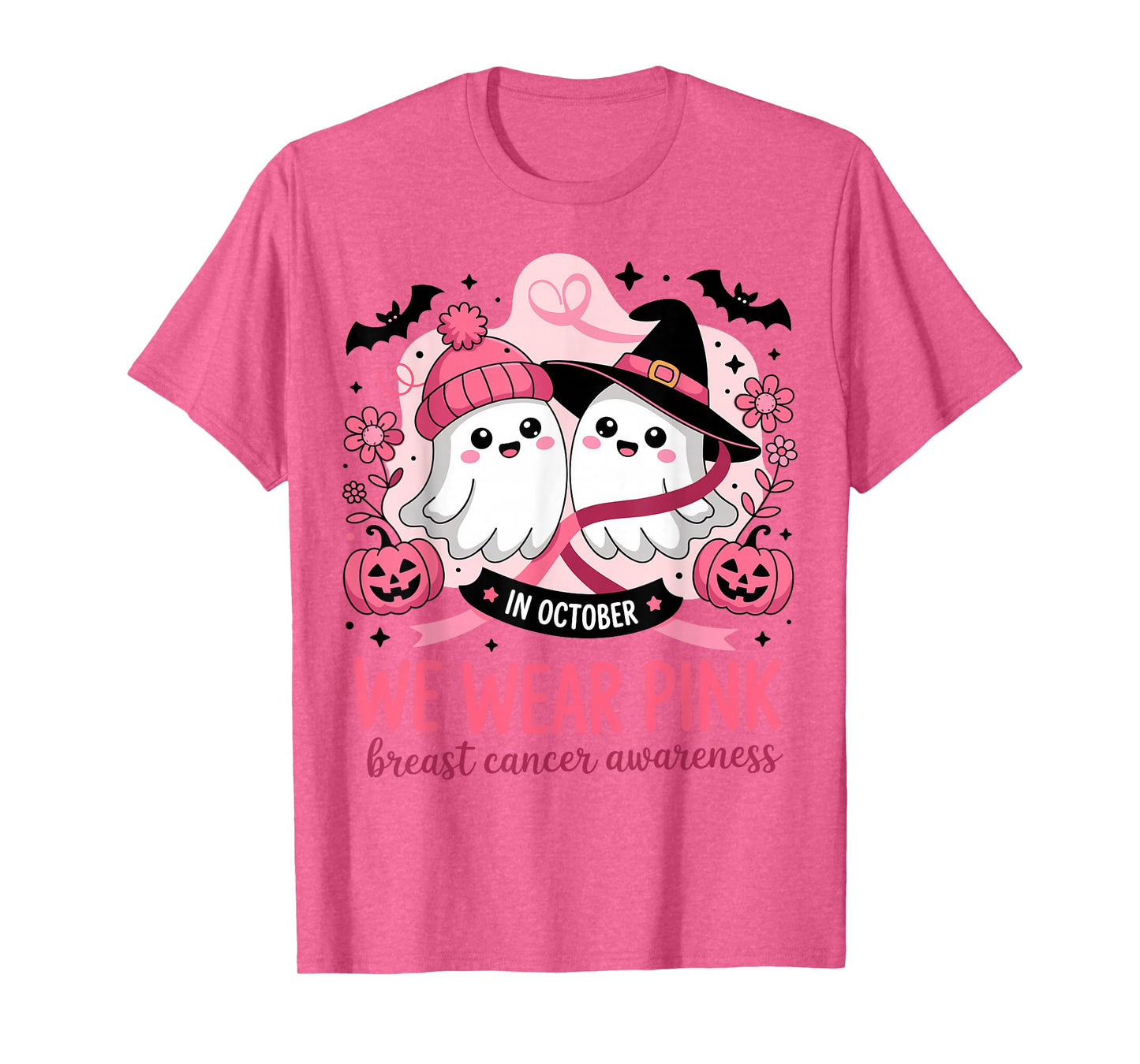 in October We Wear Pink Ghost Witch Breast Cancer Awareness T-Shirt