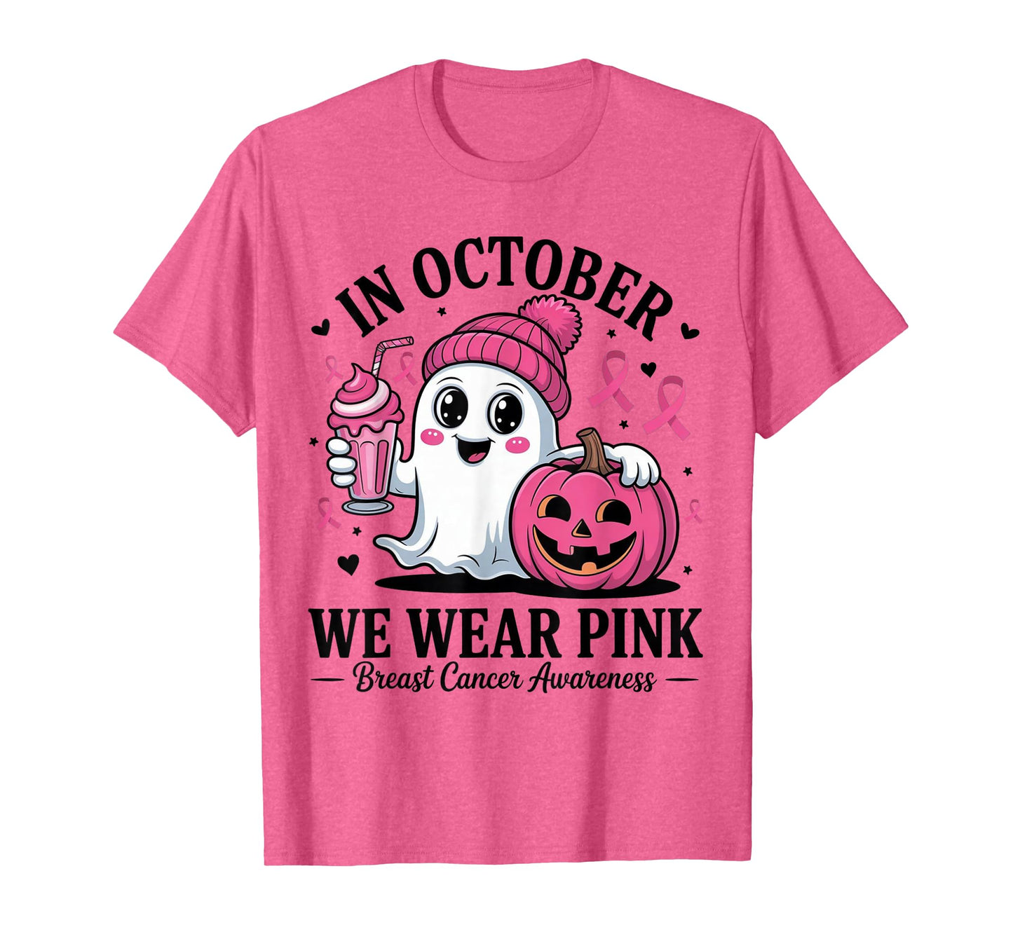 in October We Wear Pink Witch Ghost Pumpkin Breast Cancer T-Shirt